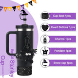 Halloween Stanley Cup Accessories Set – 5Pcs Devil Style with Handle Strap, Boot, Straw Cap & Charms for 30/40oz Cups