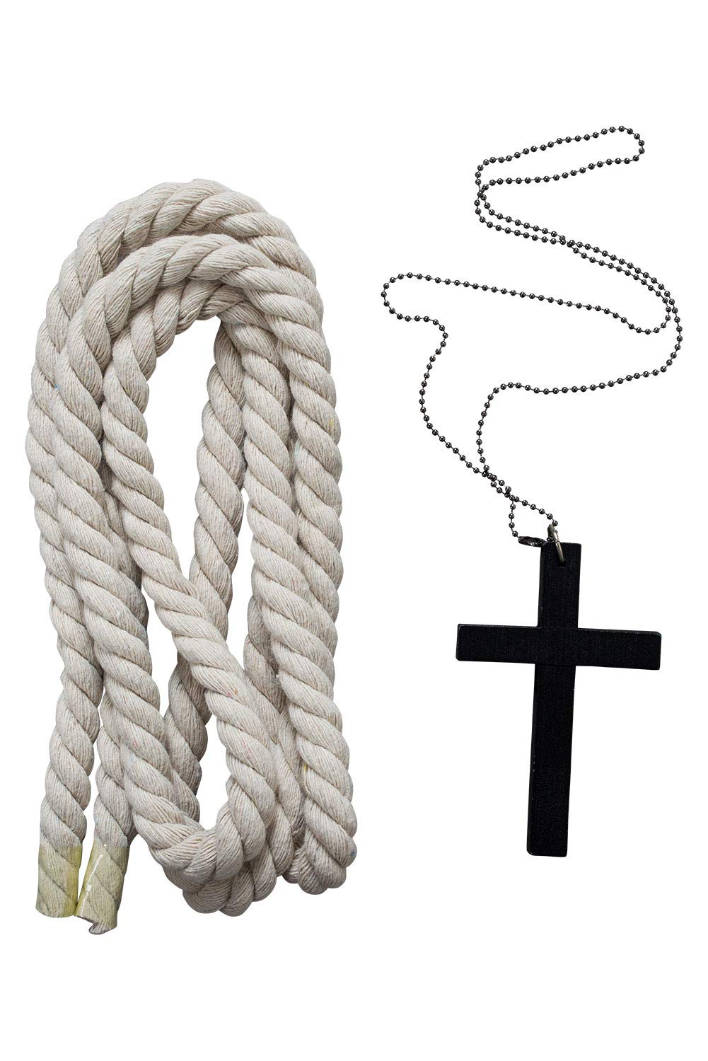 Black Medieval Monk Robe – Hooded Cloak with Rope Belt & Cross Necklace for Halloween & Cosplay ✝️🖤