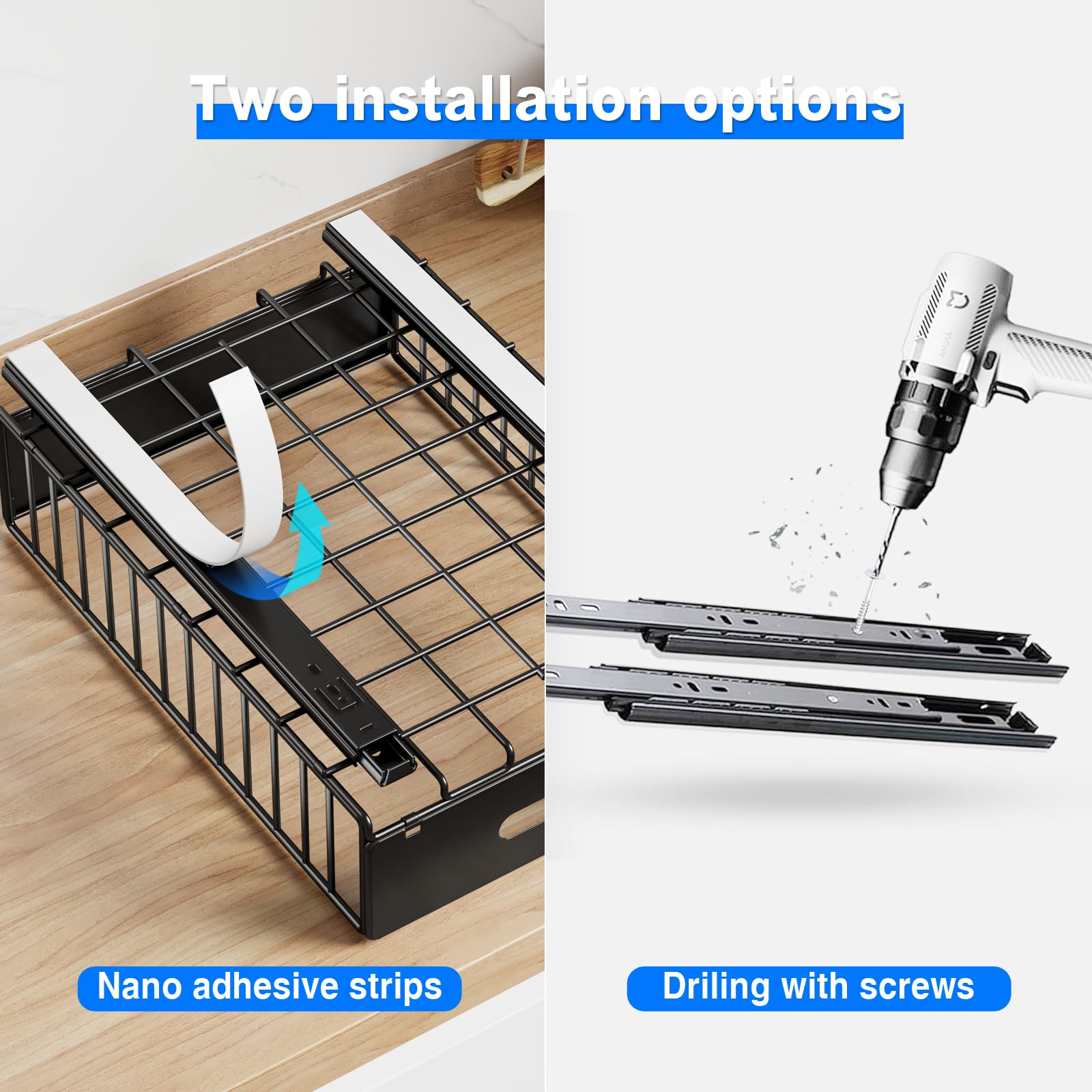 Peel & Stick Pull-Out Cabinet Organizer – 2-Pack Silent Sliding Drawers in Heavy-Duty Carbon Steel (Black)