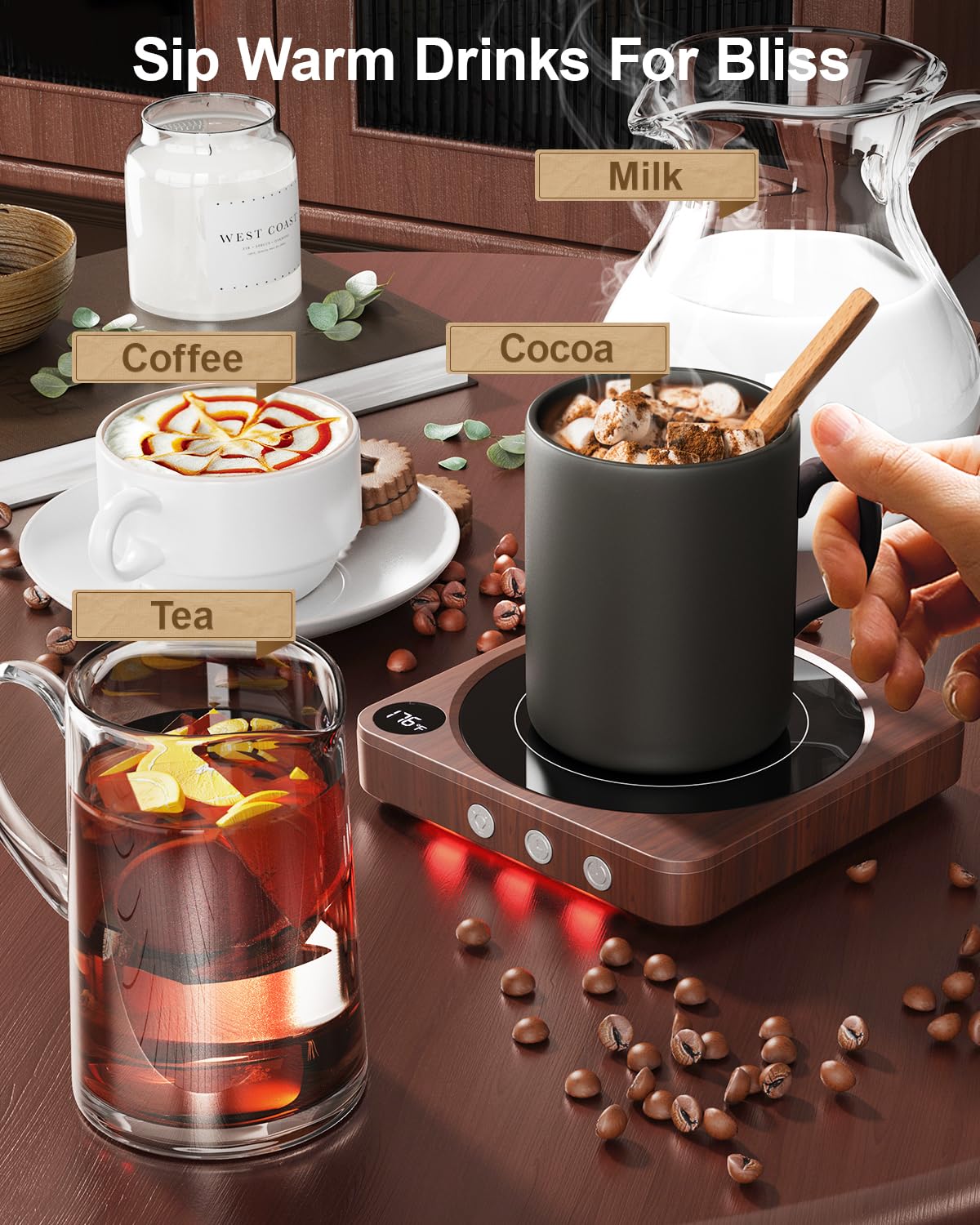 House Gem Smart Mug Warmer 36W Coffee Cup Heater with Temperature Display Timer Auto Shut Off Wood