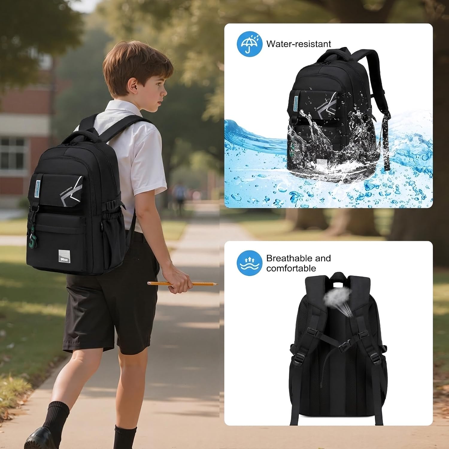 Black Water-Resistant School Backpack with Laptop Sleeve