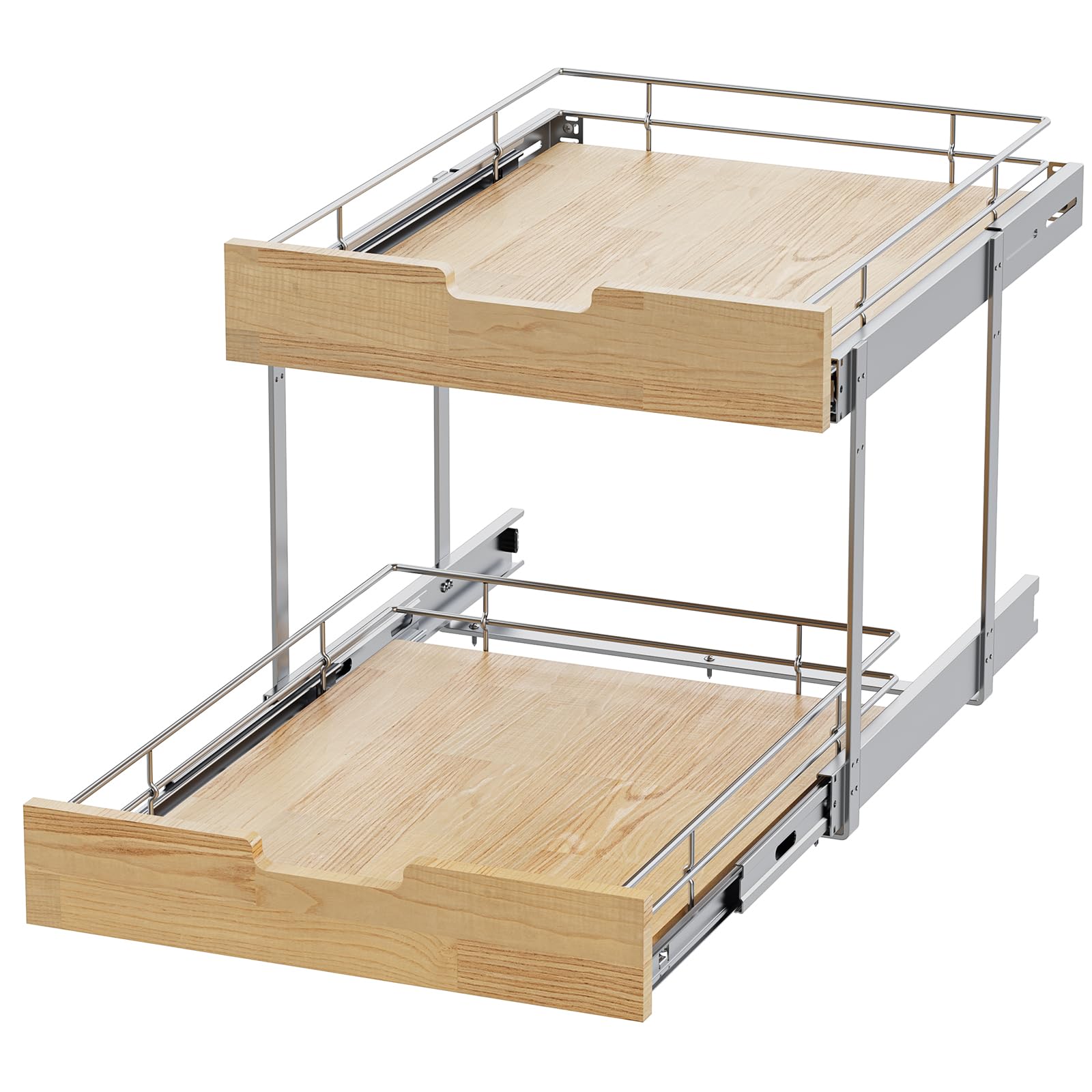 Wide Solid Wood & Wire Pull-Out Cabinet Organizer – Heavy-Duty 2-Tier Slide-Out Shelf