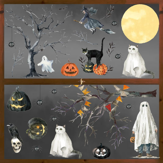 Halloween Window Clings – 4 Sheets of Black, White & Orange Stickers for Home, Glass & Party Décor