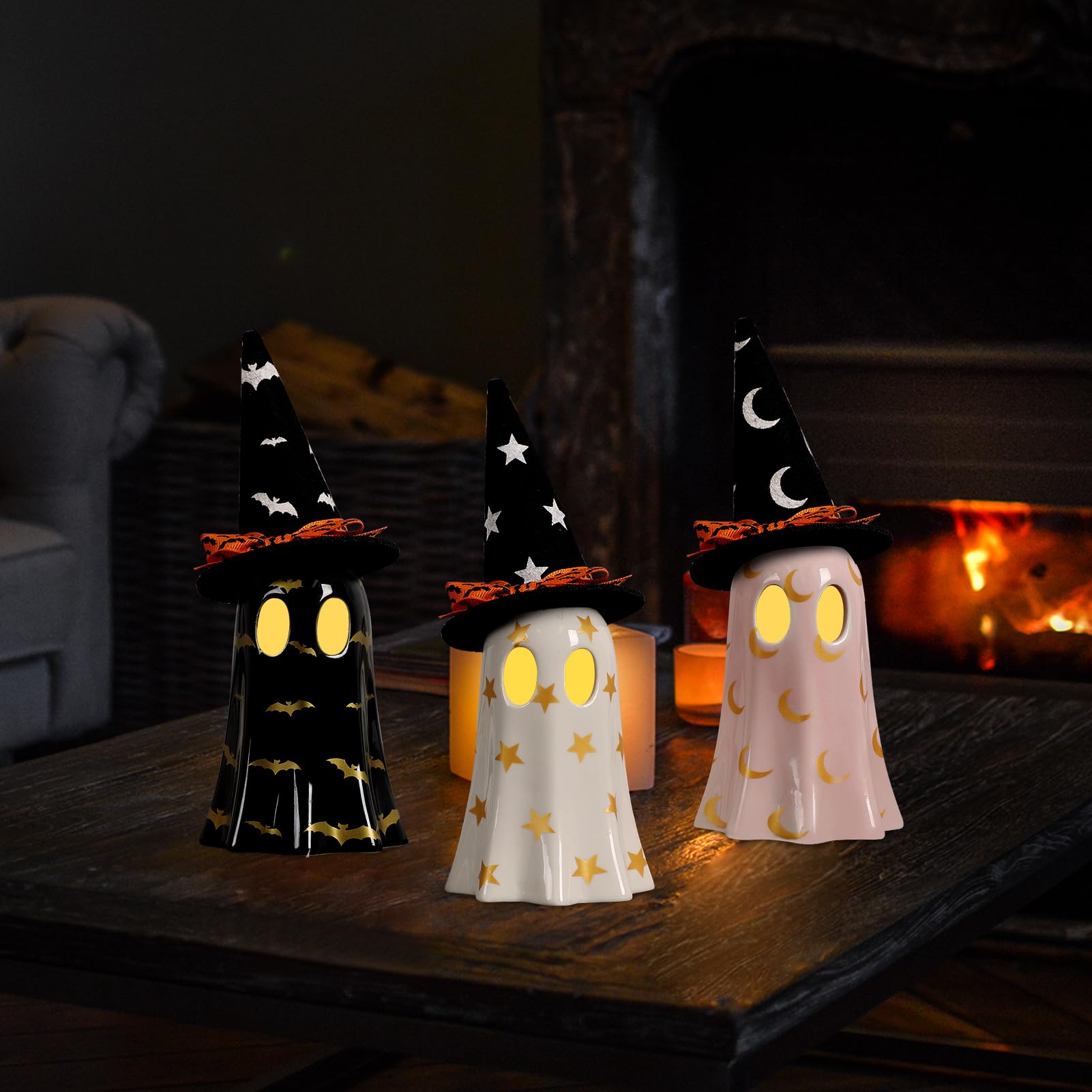 Ceramic Ghost Halloween Décor Set – 3-Piece Light Yellow Ghost Figurines with Witch Hats & Tea Lights