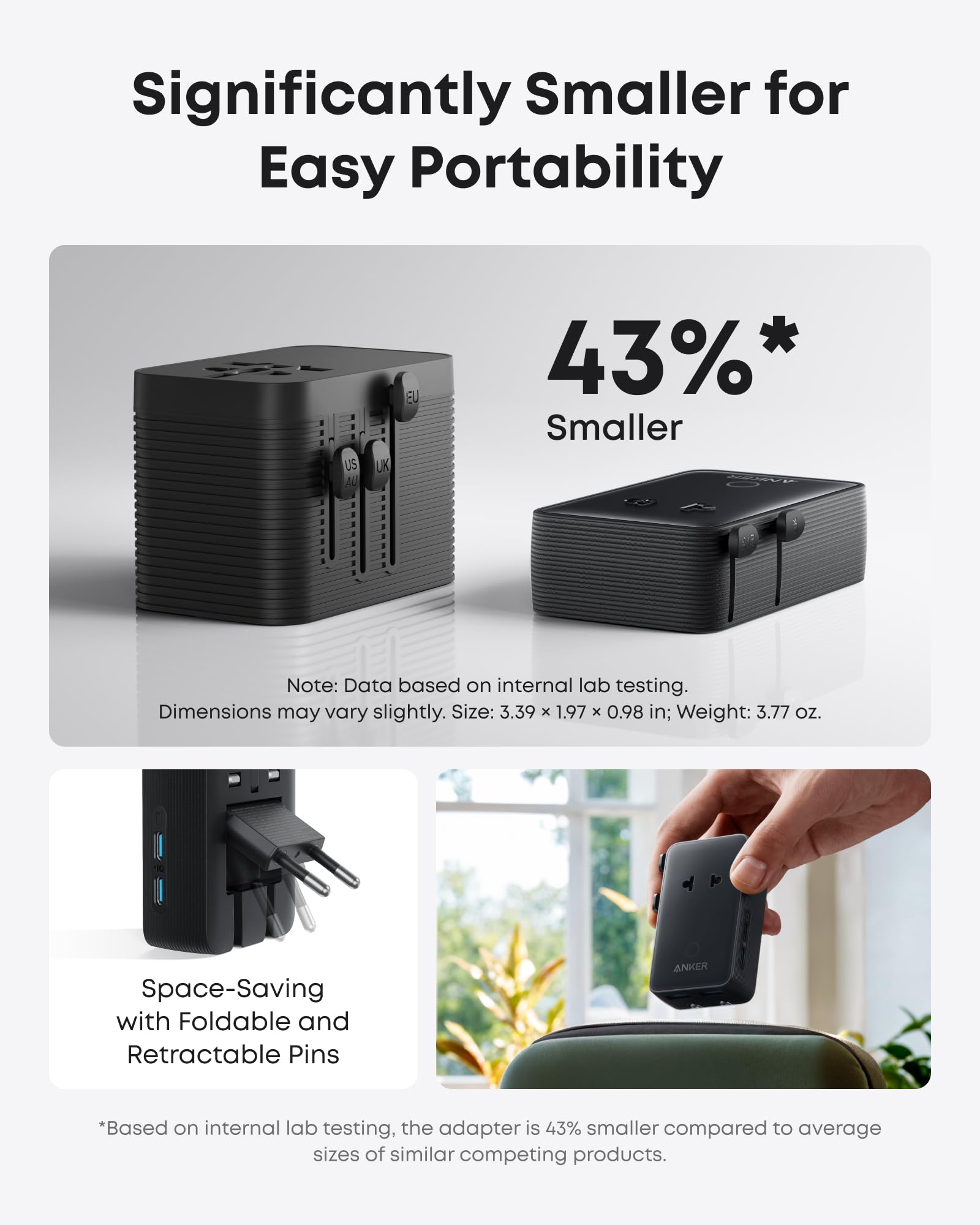 Anker Nano Universal Travel Adapter – 5-Port Compact Charger with USB-C Fast Charging (Black)