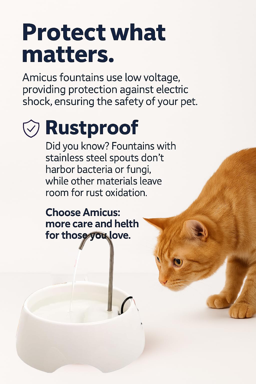 AMICUS Aqua Mini Cat & Dog Water Fountain with Stainless Steel Faucet, Activated Carbon Filter & USB Powered Quiet Pump – White