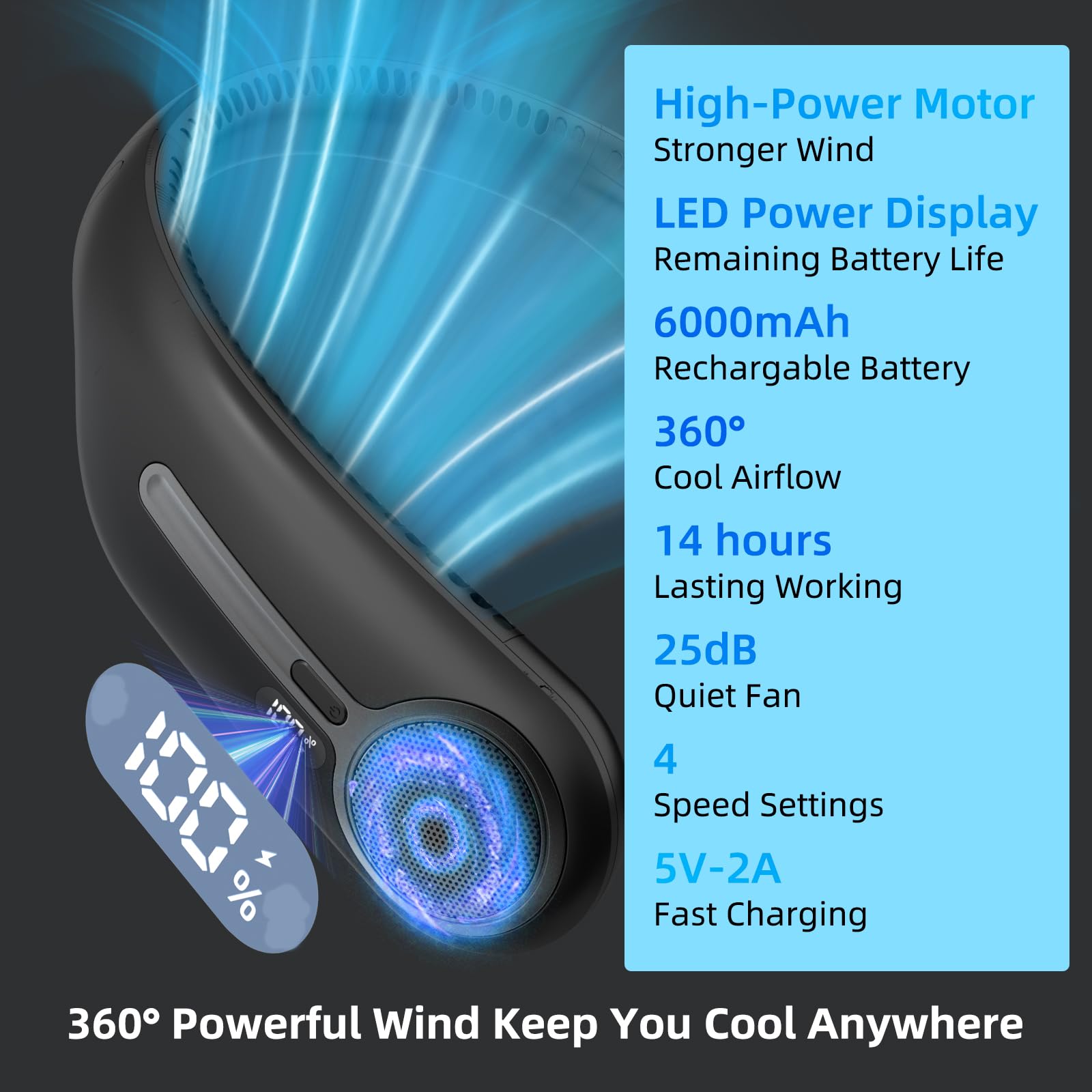 6000mAh Rechargeable Neck Fan – Bladeless Portable Cooling Fan with LED Display & 4 Speed Modes