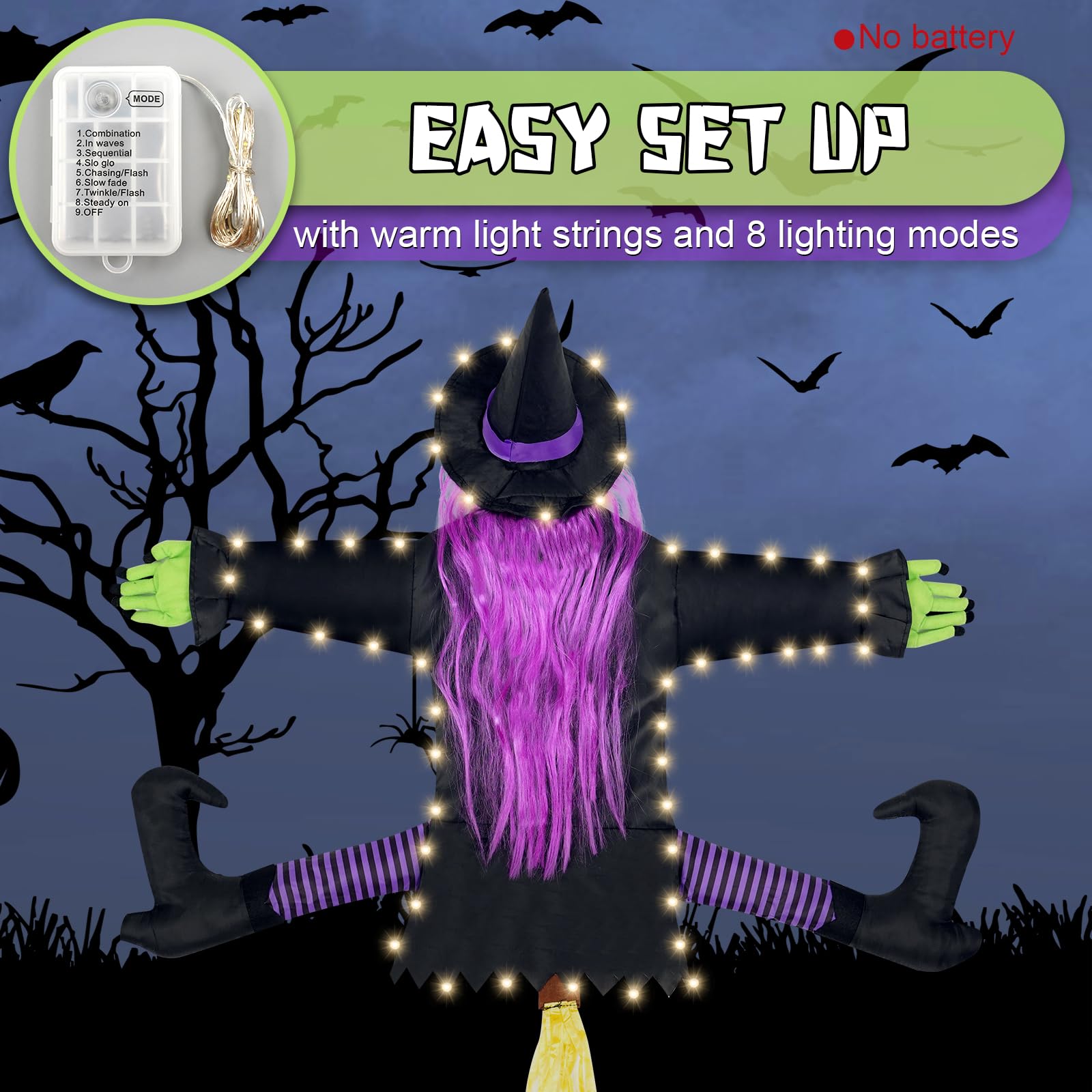 N&T NIETING 47" Witch Crashing Into Tree Door Column Outdoor Halloween Decoration, Funny Halloween Witch Ornaments Decor(Purple)
