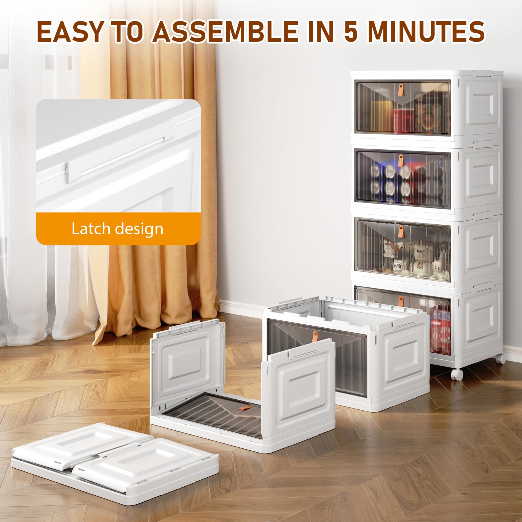 4-Tier Modular Storage Bins with Lids & Wheels – 23QT Foldable Plastic Organizer Drawers, White