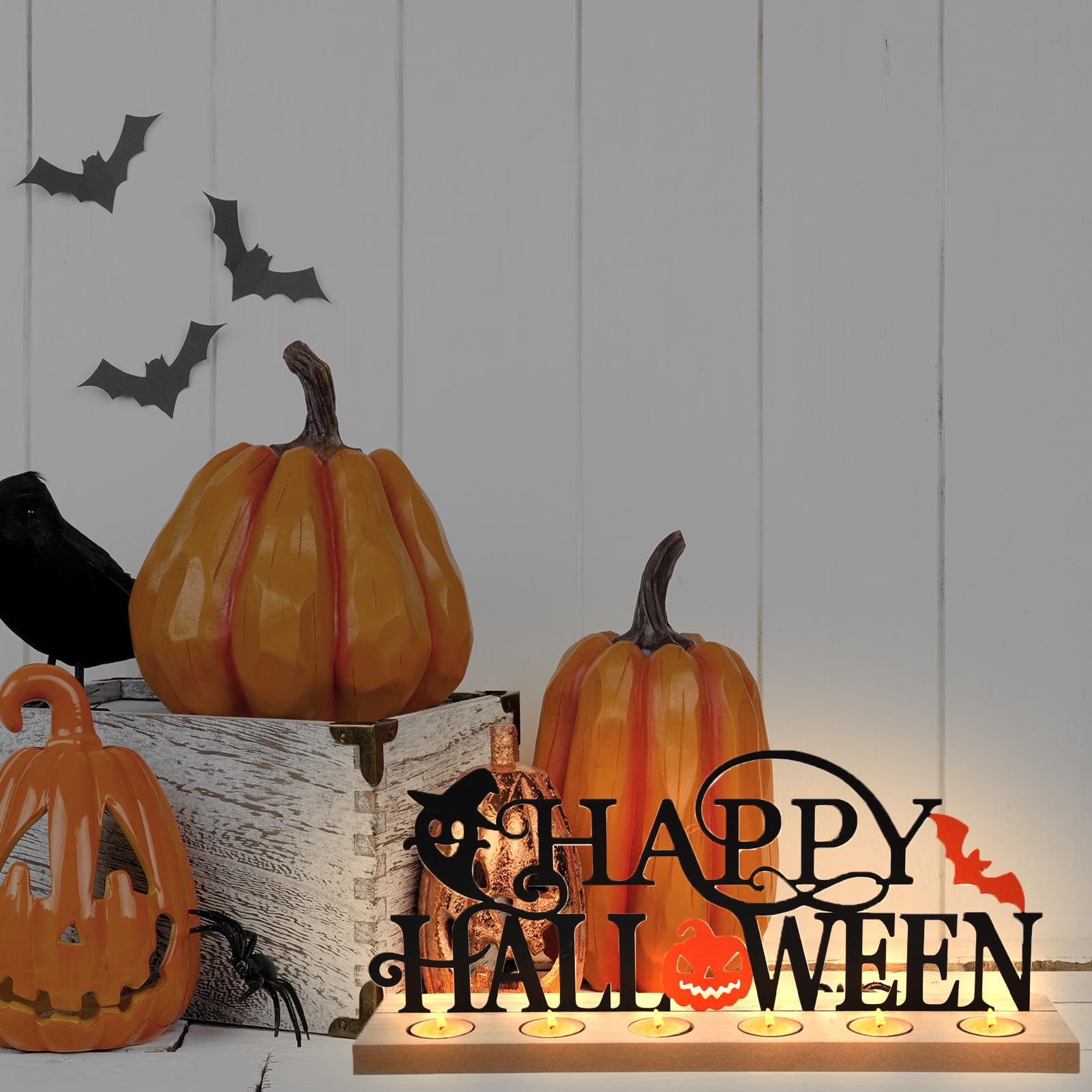 Happy Halloween Tabletop Sign with Wooden Base & 18 Tealights – Metal Pumpkin, Bat & Ghost Table Decor (Halloween Edition)