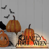 Happy Halloween Tabletop Sign with Wooden Base & 18 Tealights – Metal Pumpkin, Bat & Ghost Table Decor (Halloween Edition)