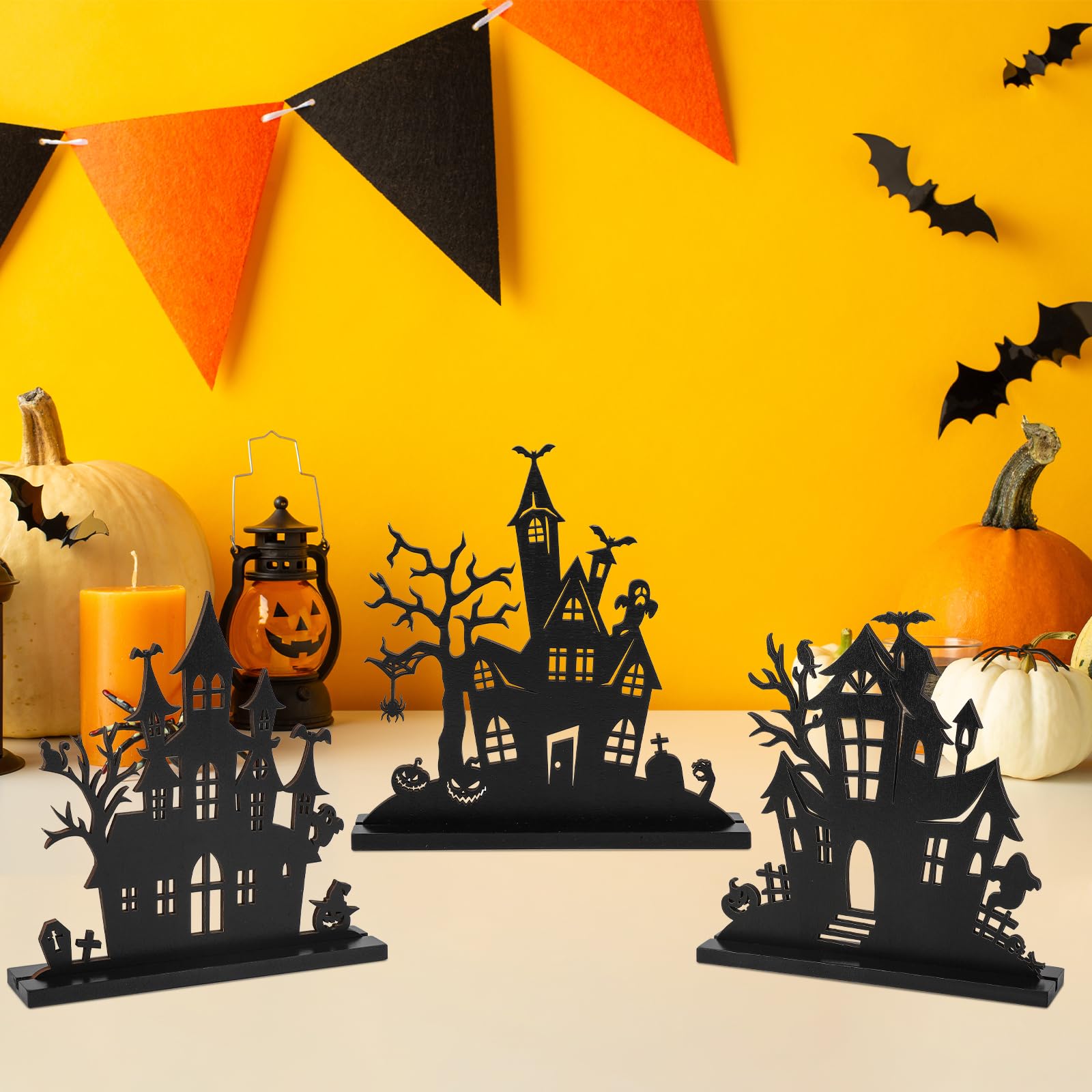 Haunted House Wooden Table Decor – 3Pcs Tiered Tray Halloween Centerpieces with Double-Sided Design (Black, Vintage Style)