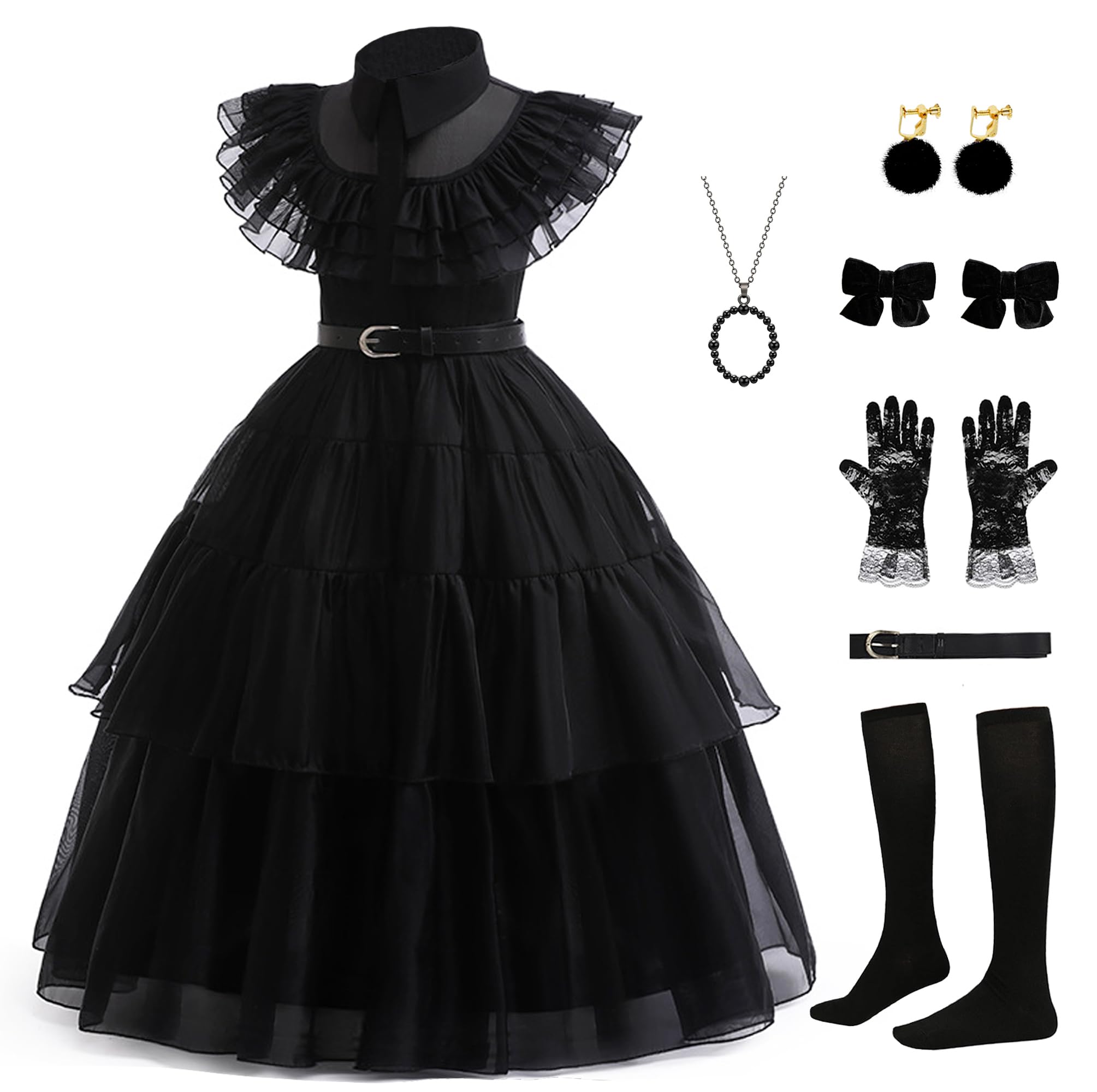 Girls Black Gothic Princess Costume Set – Dress, Belt, Lace Gloves, Hairpins & Accessories