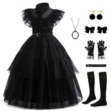 Girls Black Gothic Princess Costume Set – Dress, Belt, Lace Gloves, Hairpins & Accessories