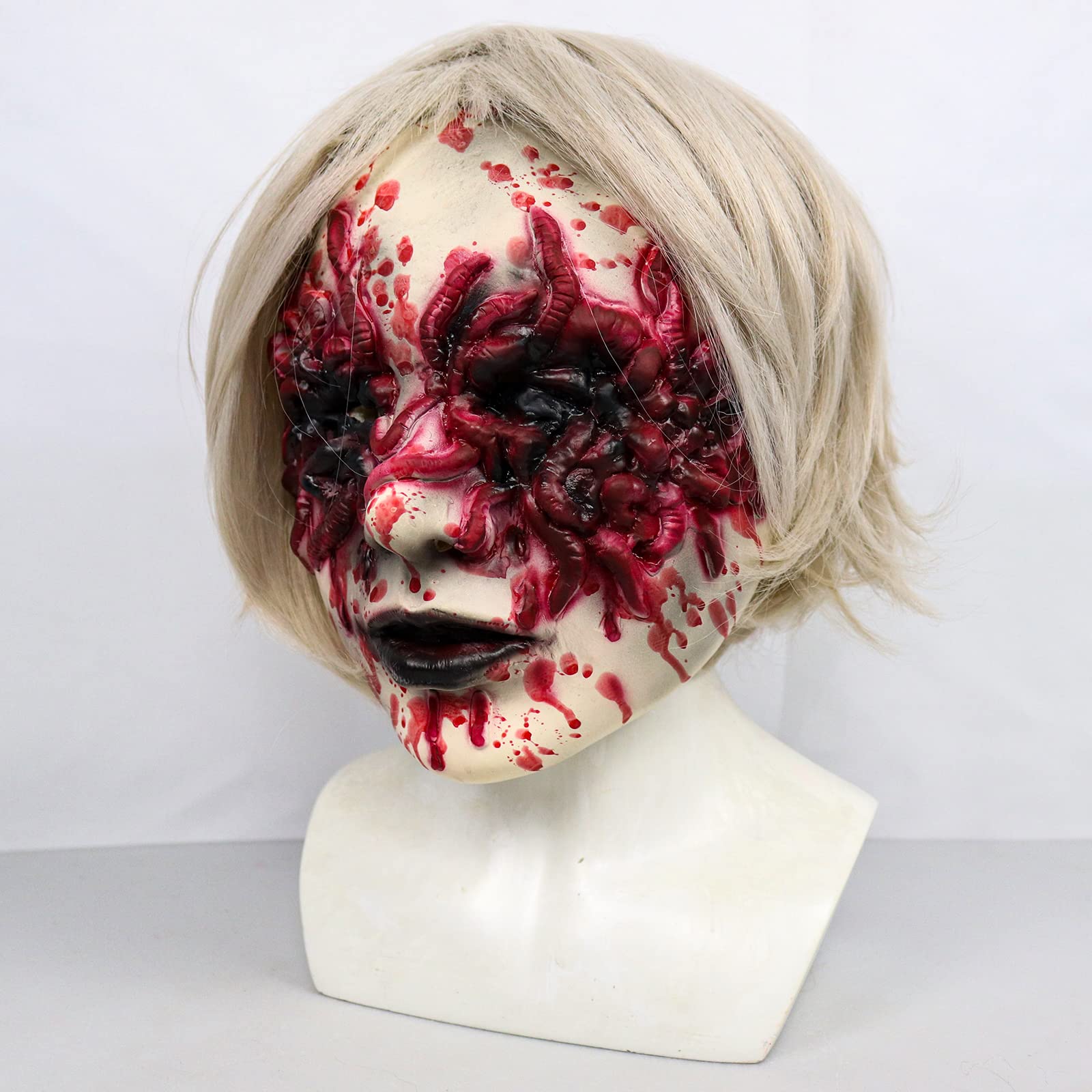 Scary Demon Woman Mask – White Horror Halloween Mask with Silver Hair & Bloody Eye Worm Design (Adult Size)