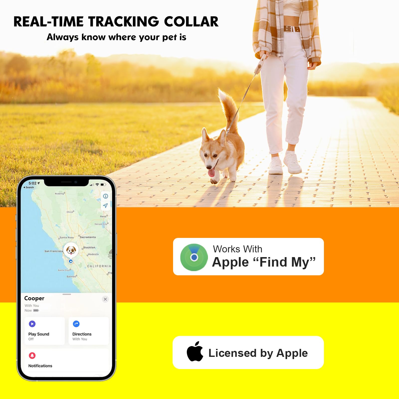 BOMERAHE GPS Dog Tracker Collar Apple Find My Waterproof Adjustable Smart Tracking Pet Collar No Subscription