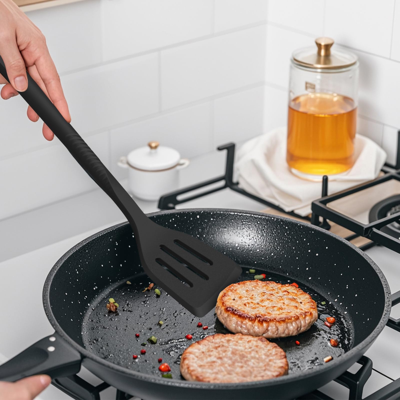Heavy-Duty Silicone Kitchen Utensil Set with Stainless Steel Core – Heat Resistant 600°F (Black)