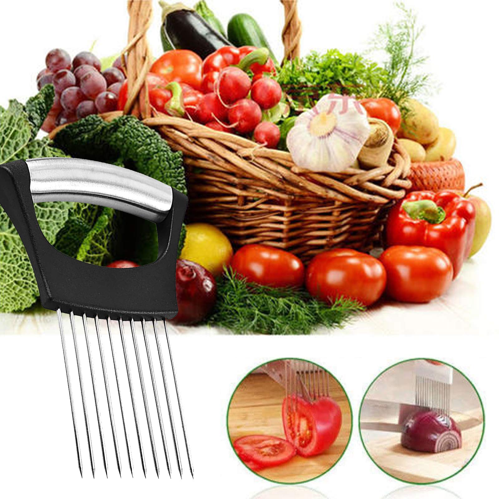 Stainless Steel Onion Holder & Slicing Guide – Non-Slip Handle, Safe & Even Cuts