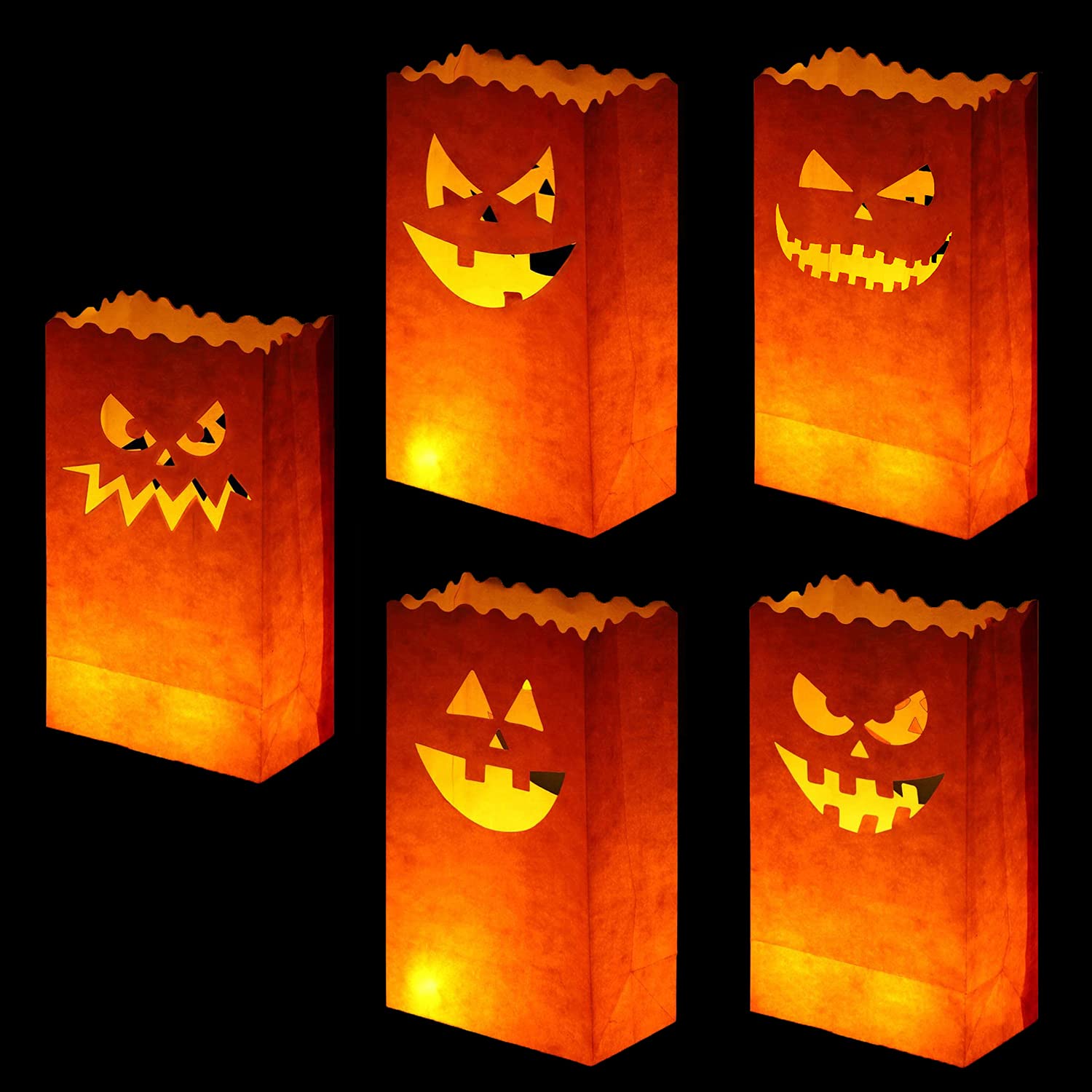 Halloween Pumpkin Luminary Bags – 50 Pack Flame-Resistant Paper Lanterns with 5 Jack-O’-Lantern Designs for Walkways & Parties