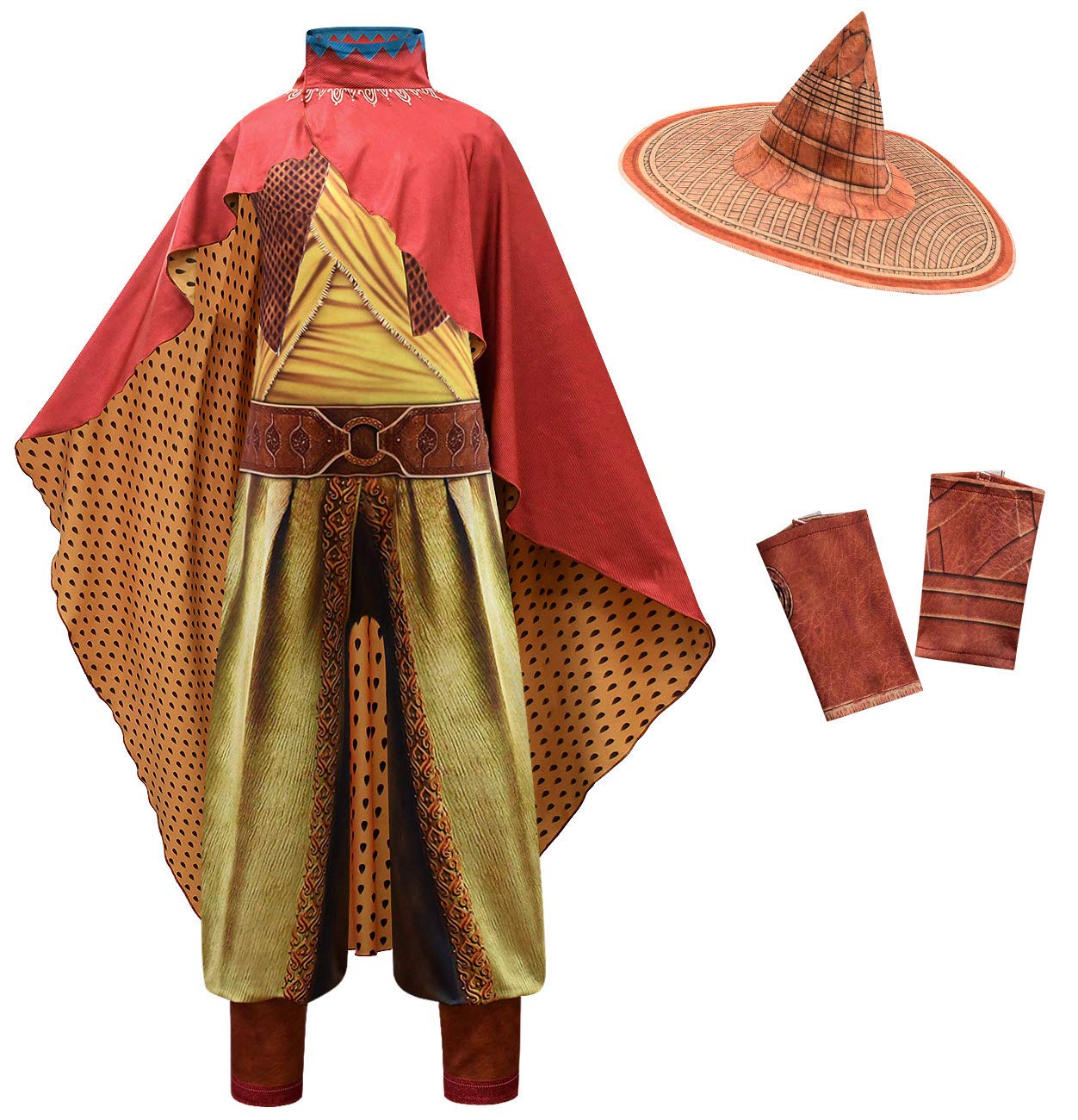 Girls Raya Cosplay Costume – Full Set Dragon Princess Warrior Outfit (Cloak + Jumpsuit + Hat + Wrist Guards)