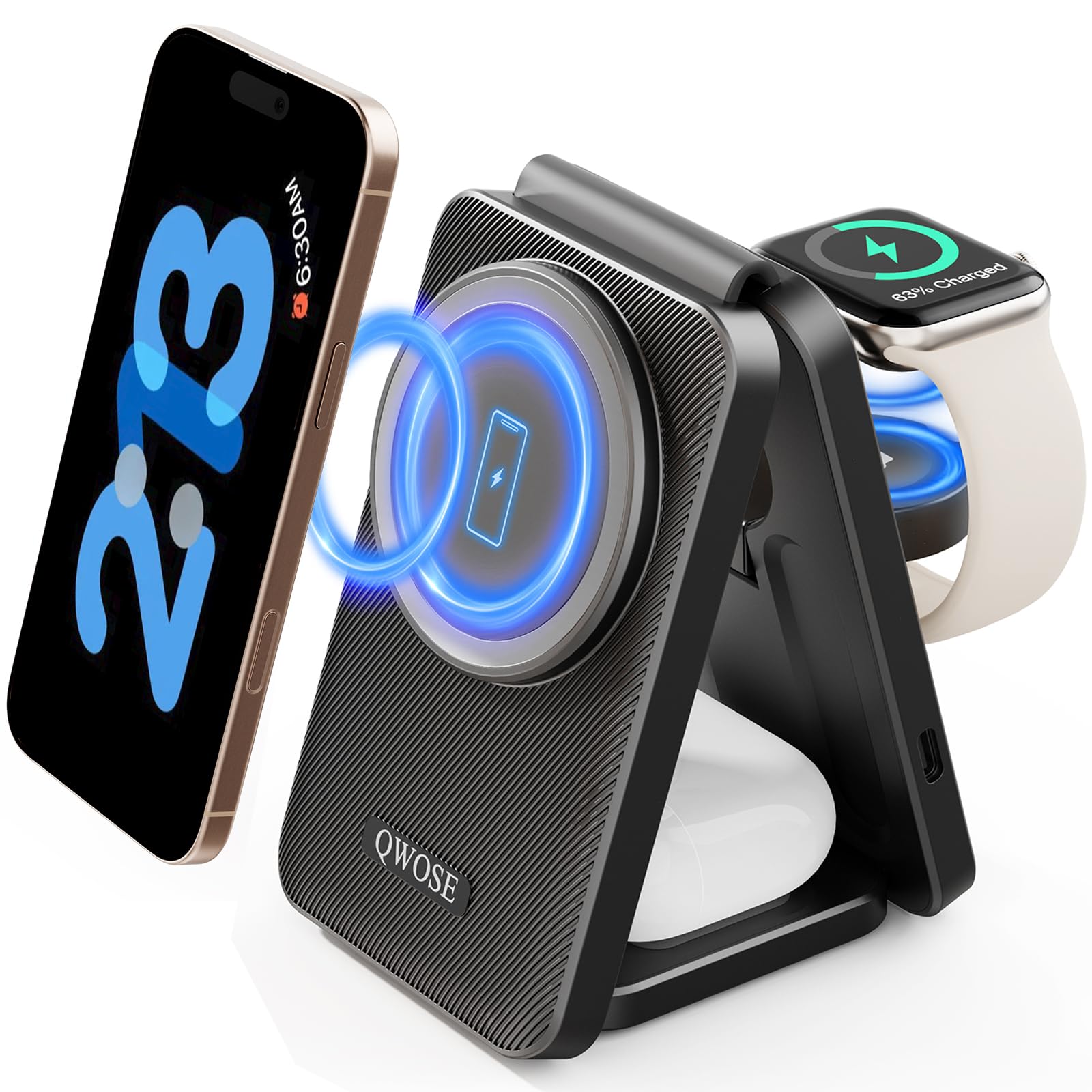 Foldable 3-in-1 Magnetic Wireless Charging Station for iPhone, Apple Watch & AirPods – Portable Fast Charging Stand with 18W Adapter