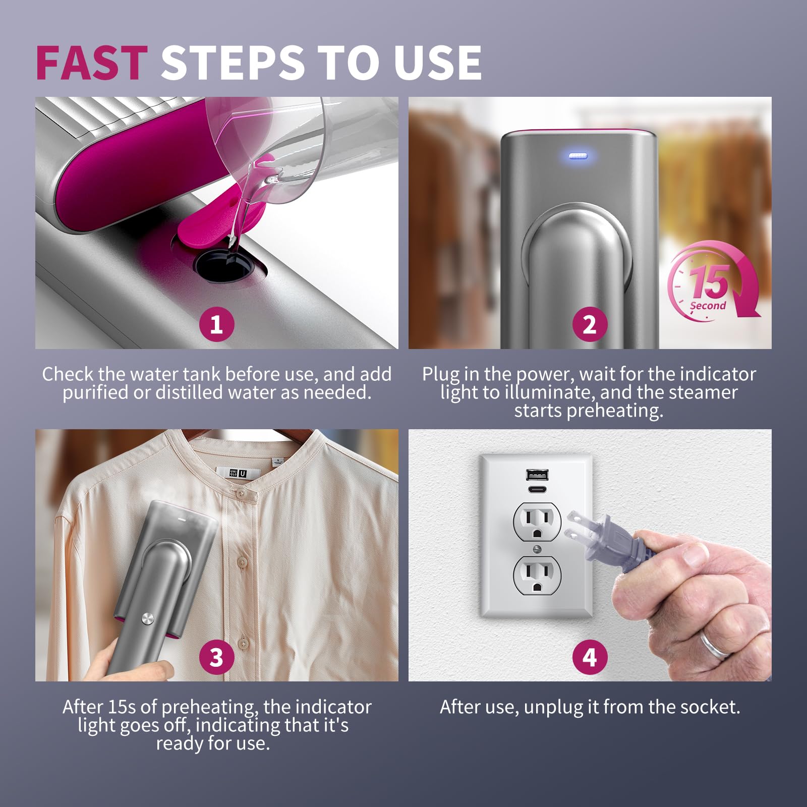 Silver Gray Compact Handheld Garment Steamer 15-Second Fast Heat Travel Steam Iron with Dual Ironing Modes