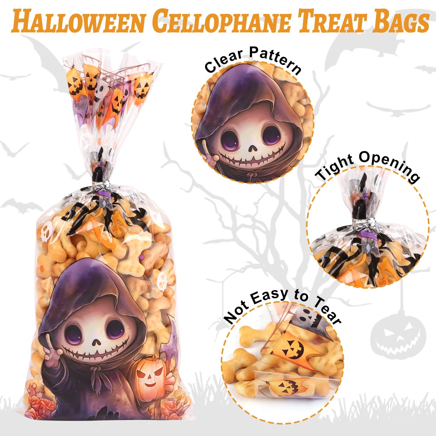 CCINEE 180pcs Halloween Cellophane Treat Bags, Plastic Clear Cookie Candy Bags Bulk with 210pcs Twist Ties Pumpkin Ghost Snack Bag for Halloween Trick Or Treat Party Favors
