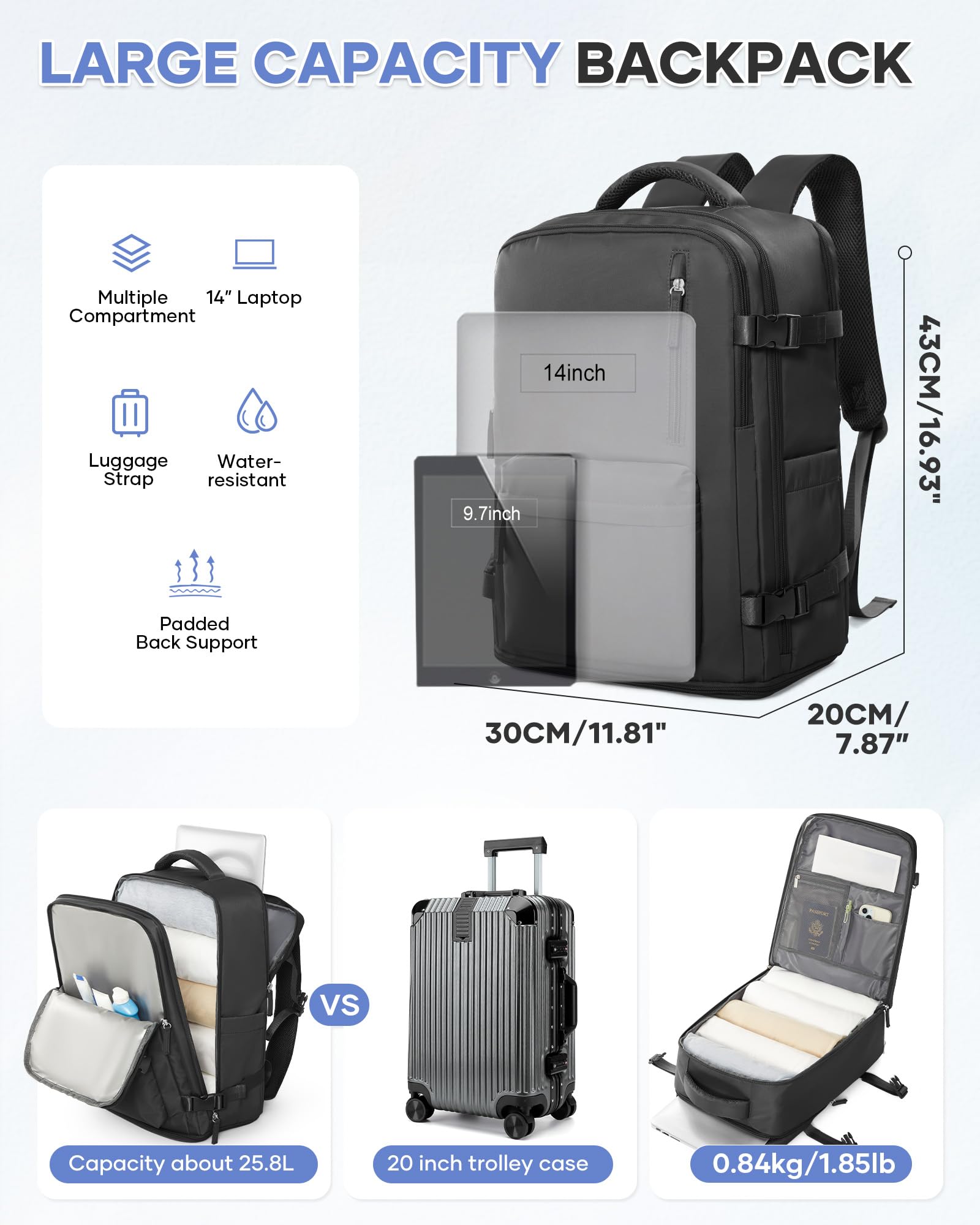 Large Carry-On Travel Backpack with Shoe Compartment & Wet Pocket – Flight Approved – A1 Black