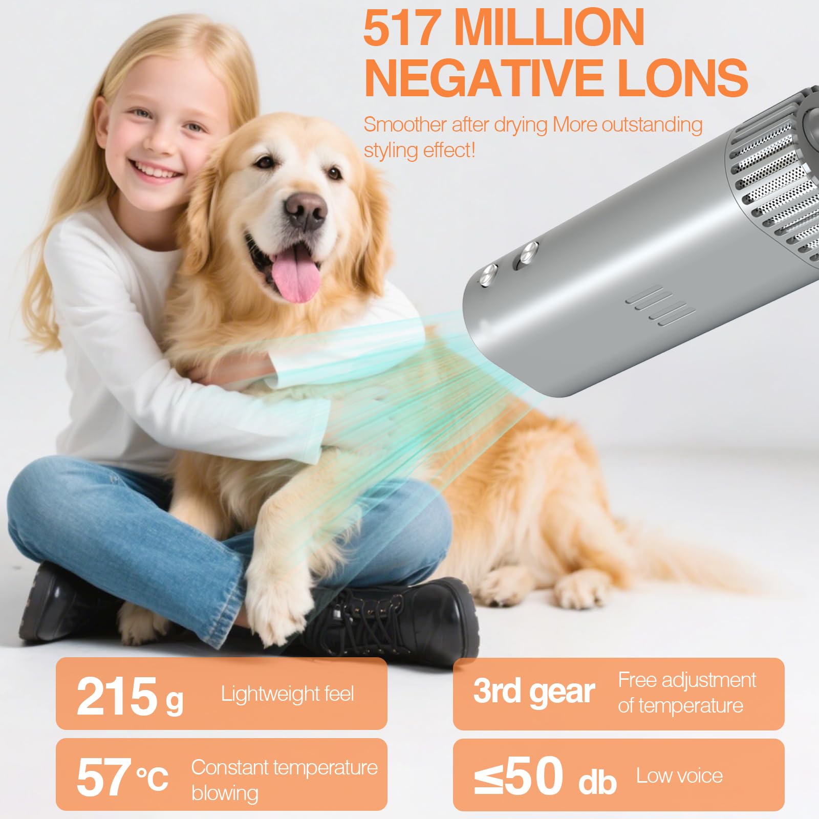 Hands-Free Pet Hair Dryer with 1400W Brushless Motor, Ultra Quiet Operation, Adjustable Heat and Speed, and Portable Grooming Design