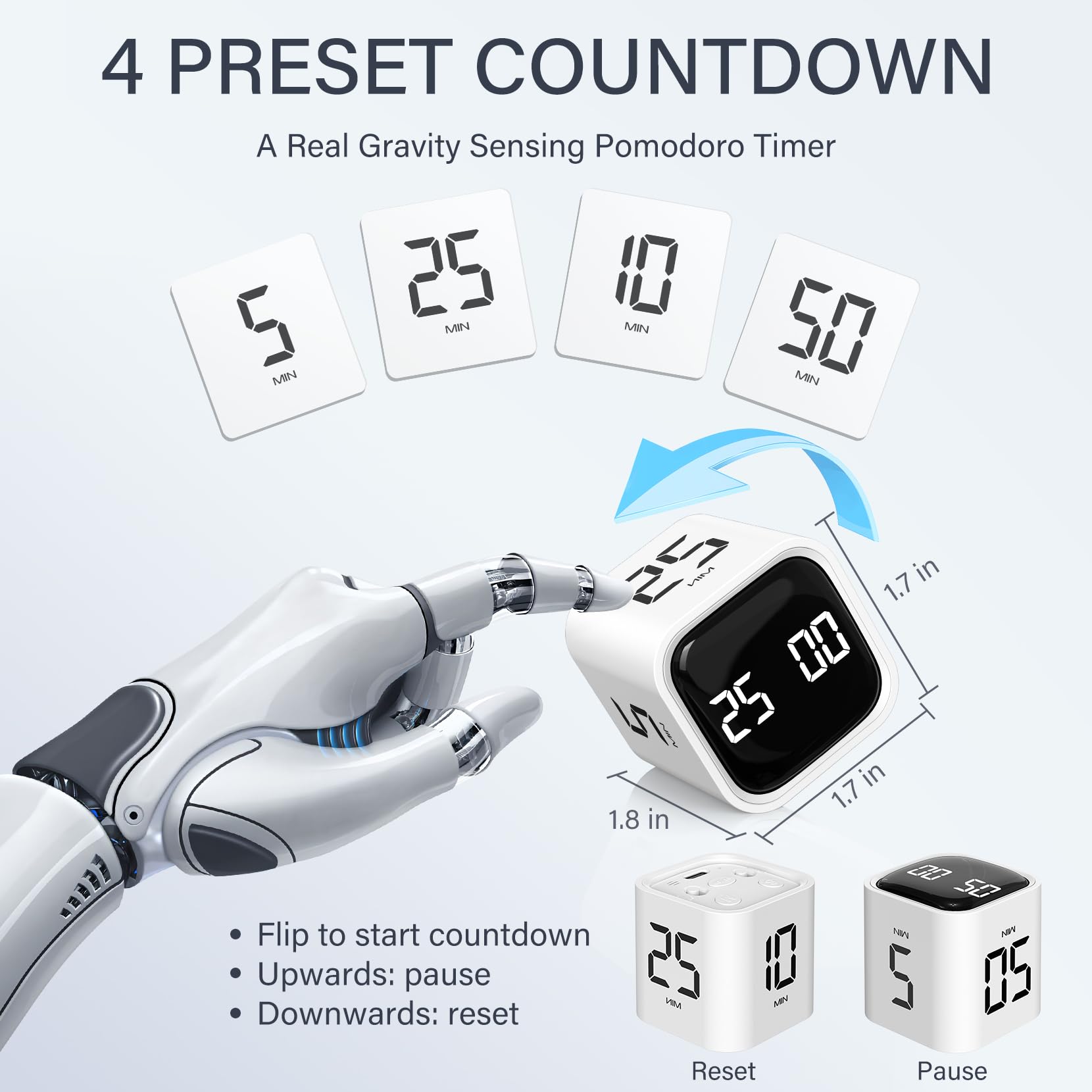 Rotating Pomodoro Timer Cube with Gravity Sensor, Preset 5/10/25/50 Min, Custom Countdown & Stopwatch, Silent Vibration Desk Timer for Work, Study & Kitchen – White
