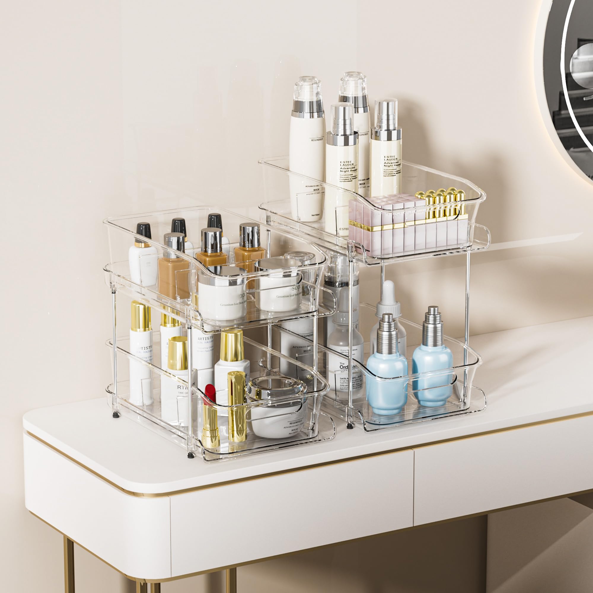 Delamu 2-Tier Clear Under Sink Organizer – Stackable Pull-Out Cabinet Storage with Dividers (2-Pack)