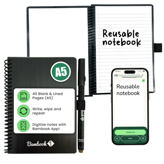 Bambook Classic Reusable Smart Notebook with Pen – Sustainable Digital Scan & Wipe Journal (Black)