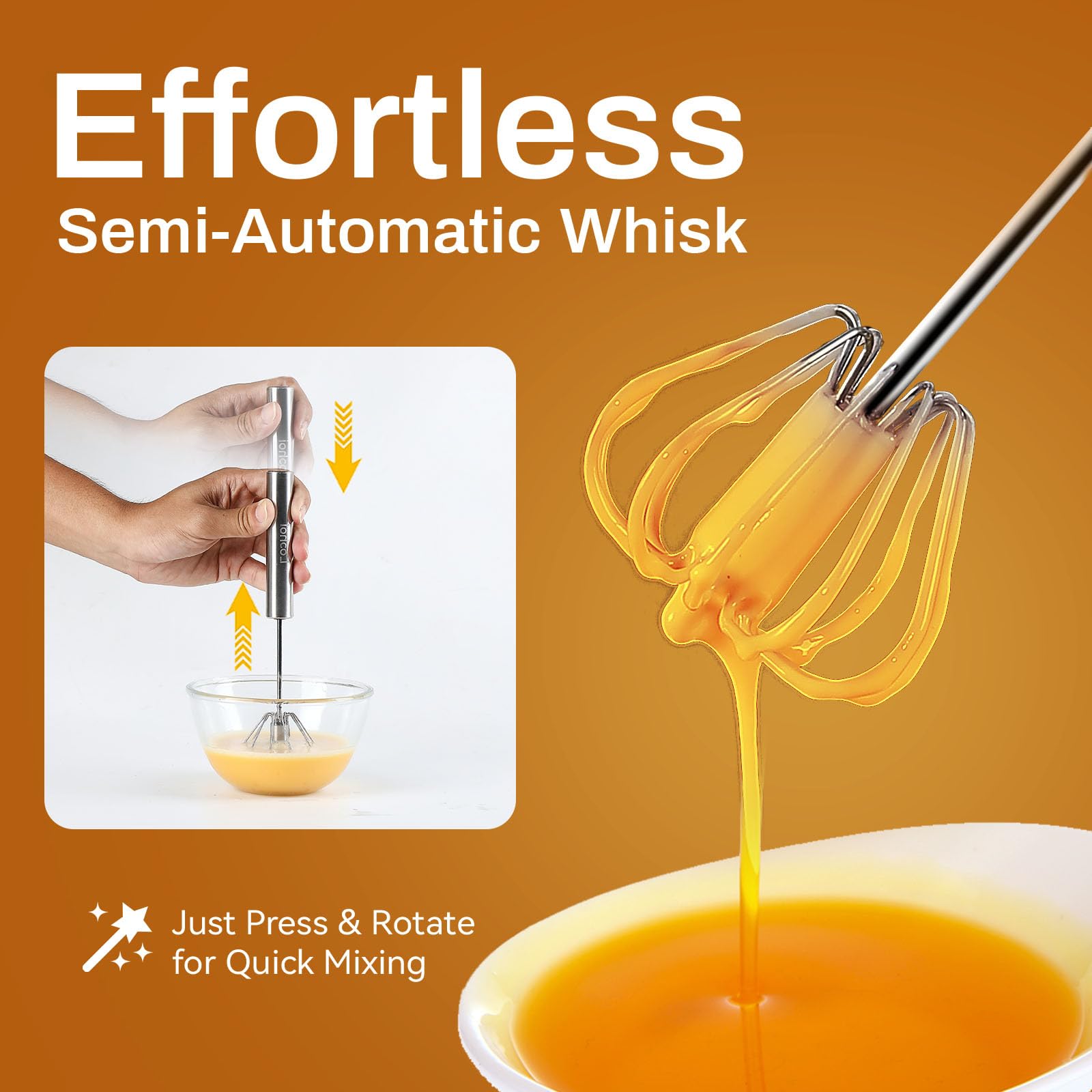 Semi-Automatic Stainless Steel Hand Whisk – One-Press Easy Mixing Tool (10 in)