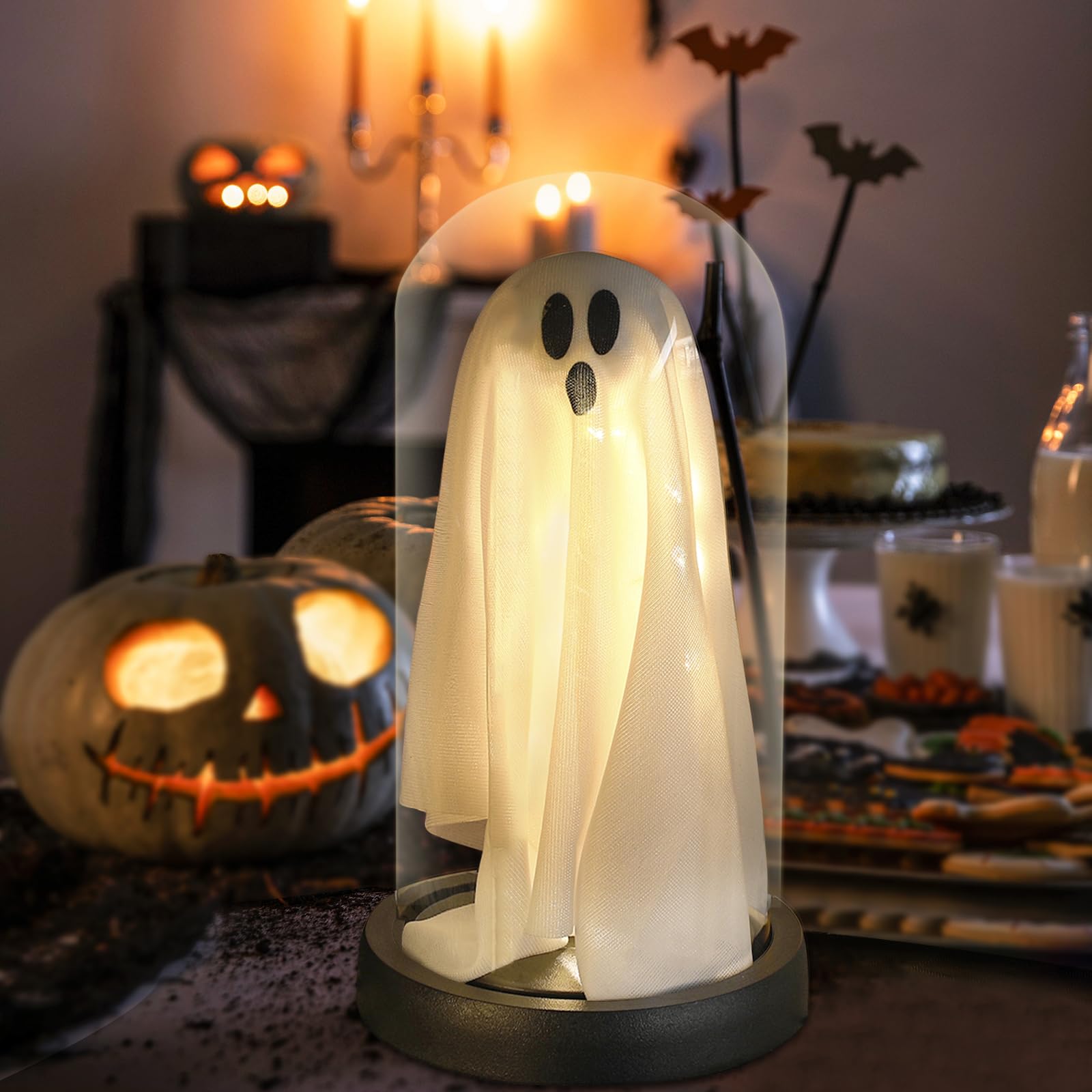 Halloween Light-Up Ghost in Glass Cloche – Handmade LED Decoration for Table, Mantel & Home Décor (White, 8.3x4.3 Inches)
