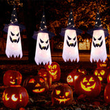 Halloween Hanging Ghost Witch Hat Lights – 4 Pack Warm White LED Decorations with 3 Flash Modes for Indoor & Outdoor Use