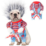 Funny Killer Dog Halloween Costume – Blue Scary Doll Outfit with Bloody Scissors & Wig