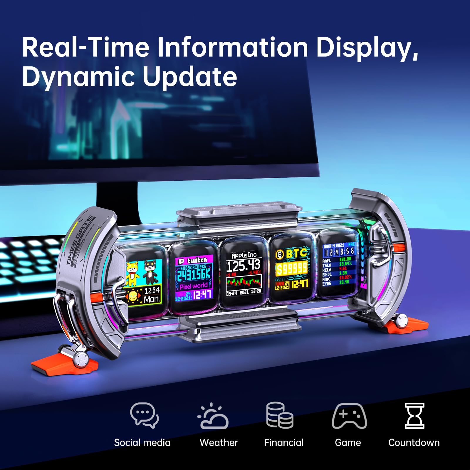 Divoom Times Gate Cyberpunk RGB Pixel Display Desk Clock – WiFi Smart Data Dashboard Gaming Decor Silver