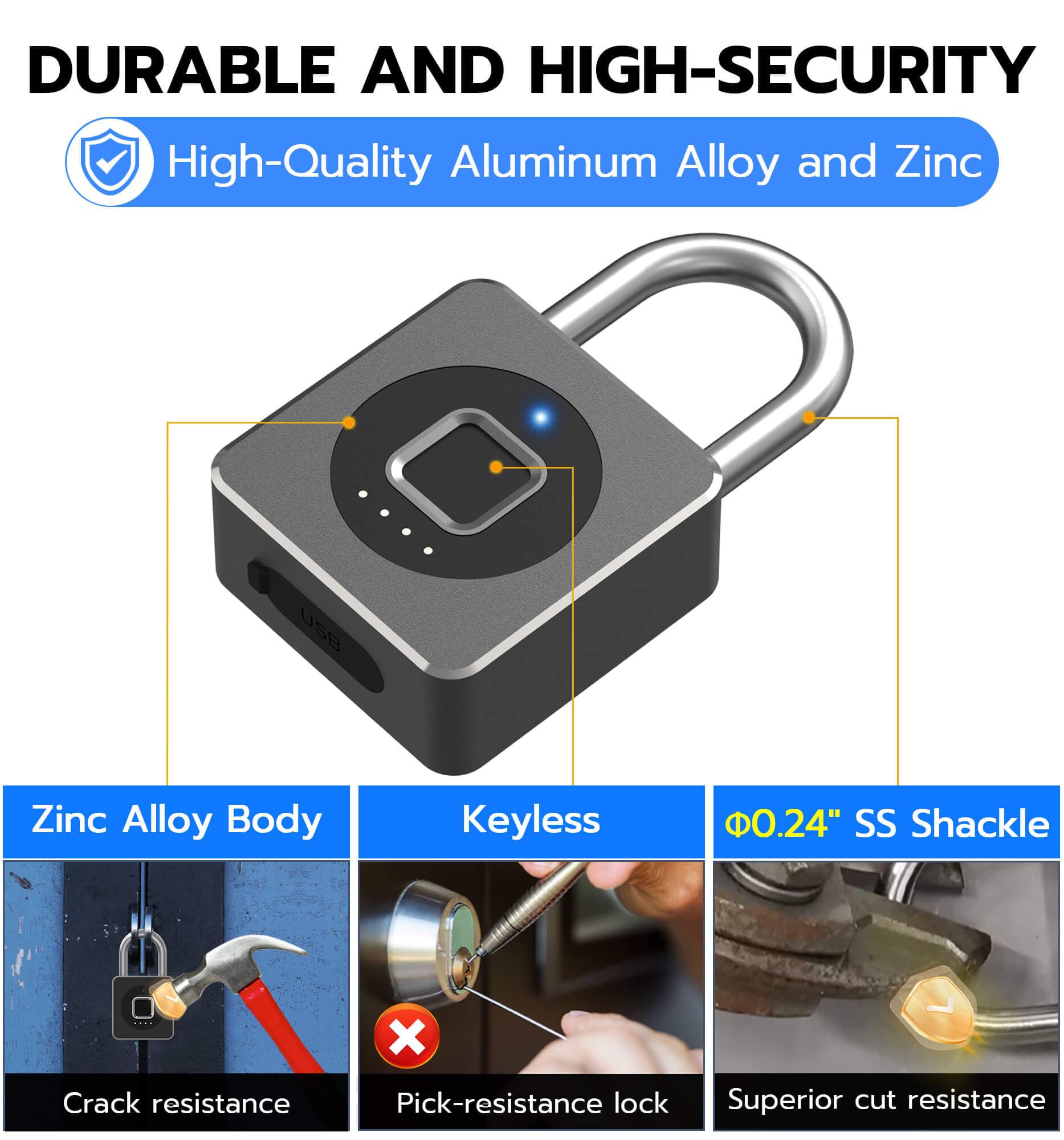 eLinkSmart P6 Biometric Fingerprint Smart Padlock with Bluetooth App Control, USB-C Rechargeable, Heavy-Duty Security Lock