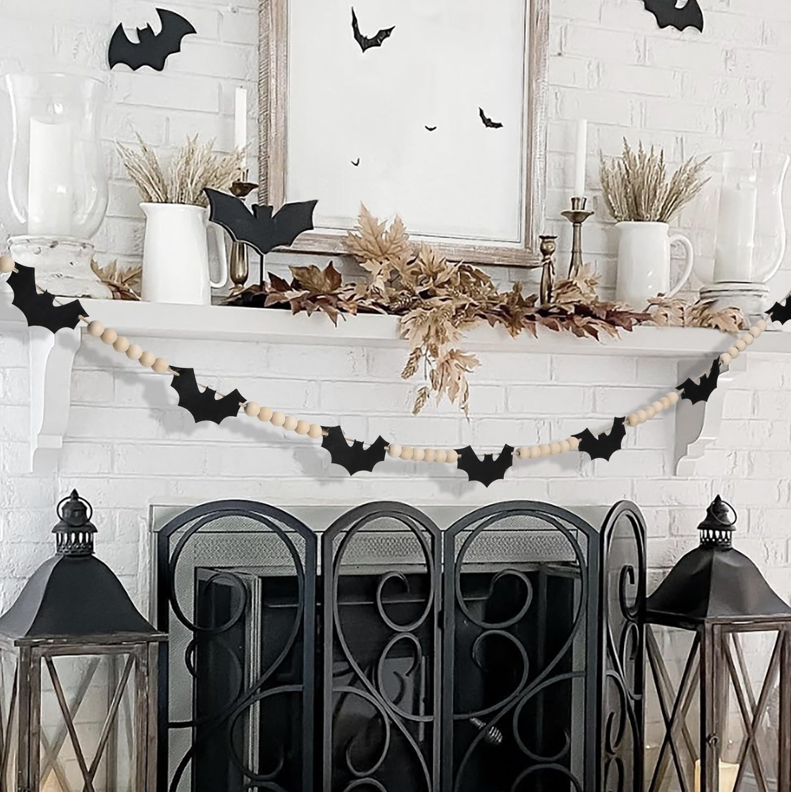 Black Felt Bat & Wood Bead Garland 🎃 – 5ft Rustic Halloween Mantel Banner for Spooky Home Décor