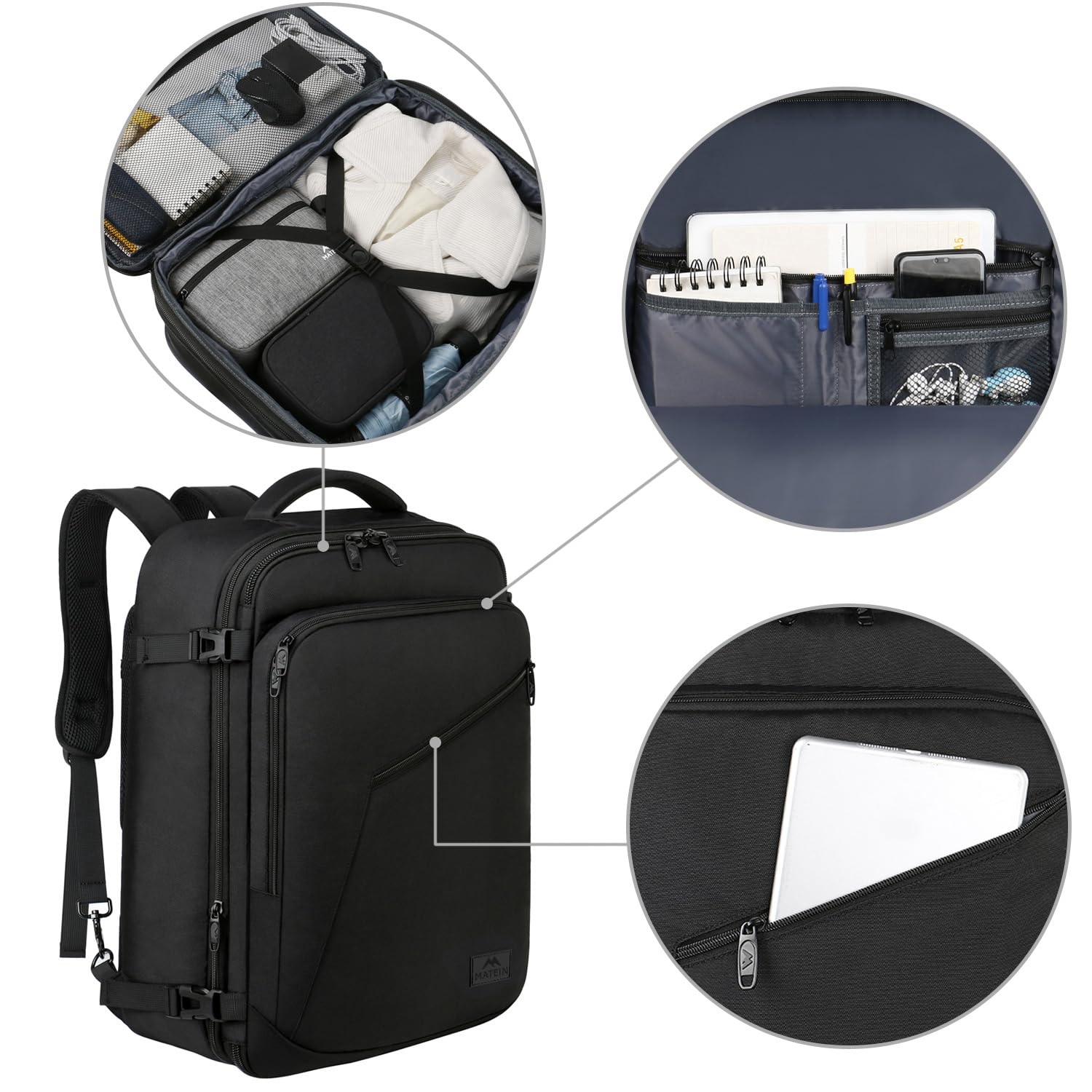 MATEIN 40–45L Expandable Carry-On Travel Backpack with Convertible Carry – Airline Approved – Black