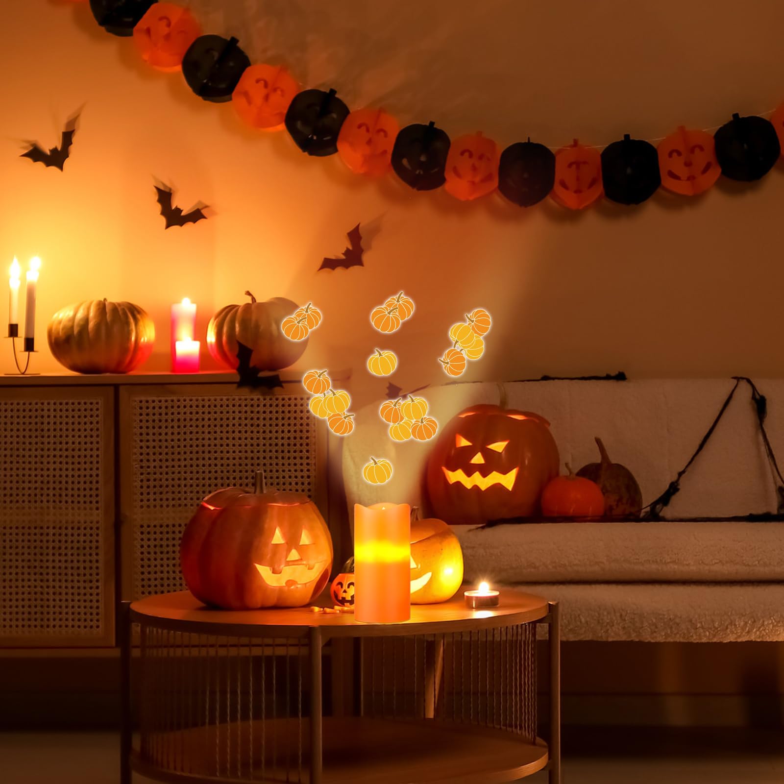 Pumpkin Projector Candle Light – LED Flameless Candle with Rotating Pumpkin Stars, Remote Control & Real Wax Design for Fall & Halloween Décor (Orange)