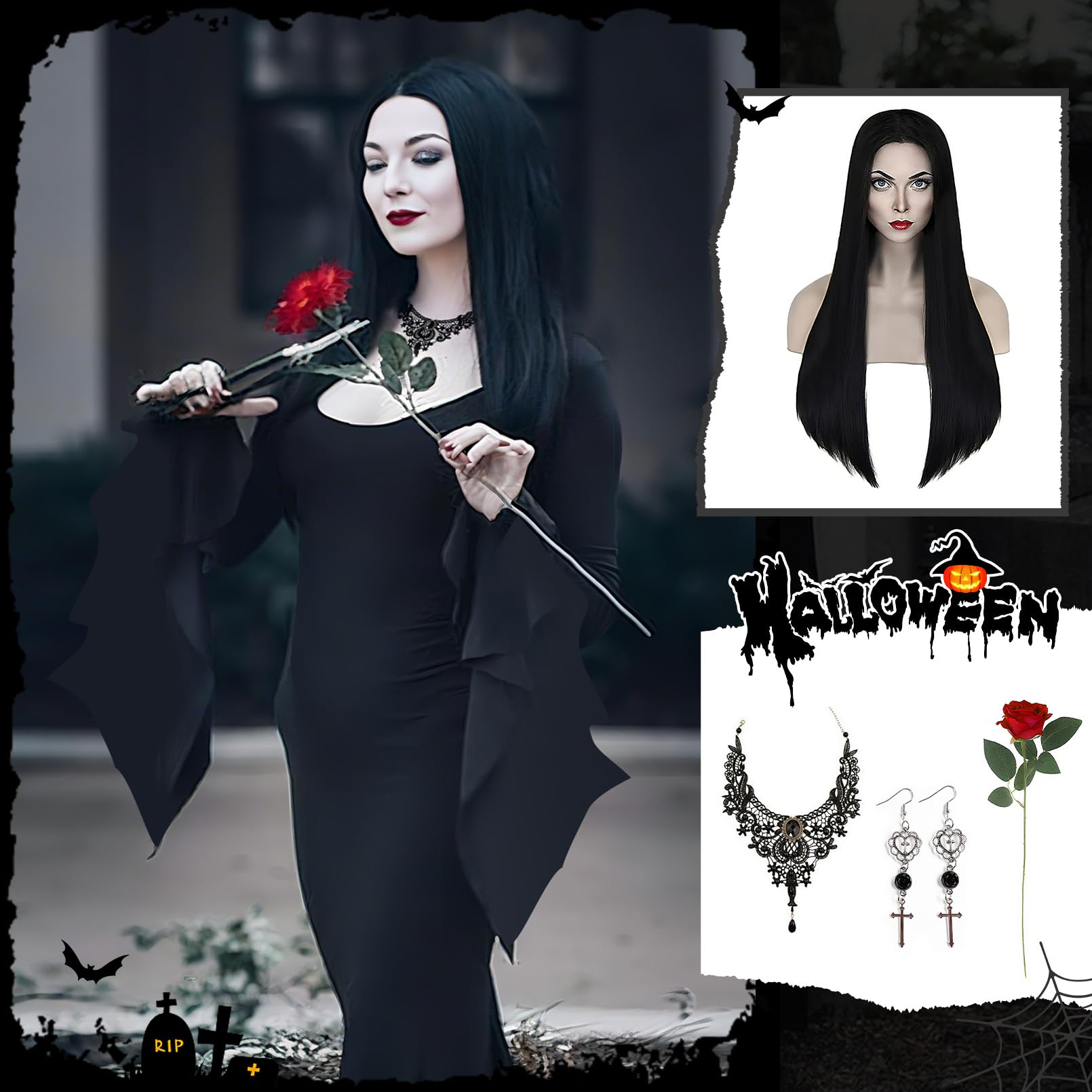 Gothic Halloween Wig & Accessories Set – Long Black Braided Wig with Necklace, Earrings & Red Rose