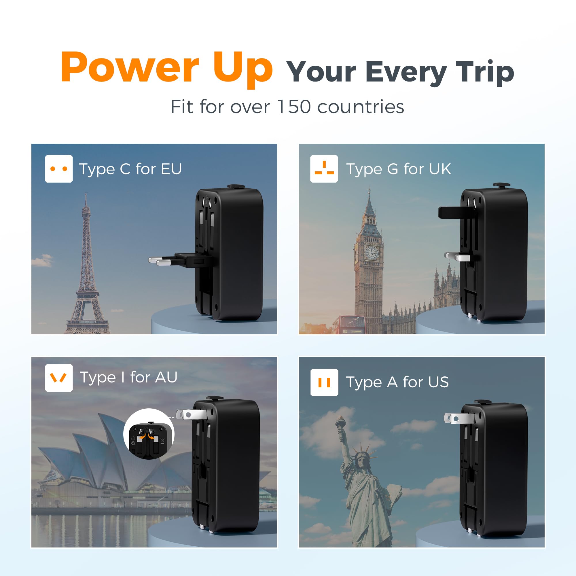 TESSAN Universal Travel Adapter PD 20W with Dual USB-C & USB Port, Ultra-Thin International Plug Converter for Europe UK USA Australia – Black Silver
