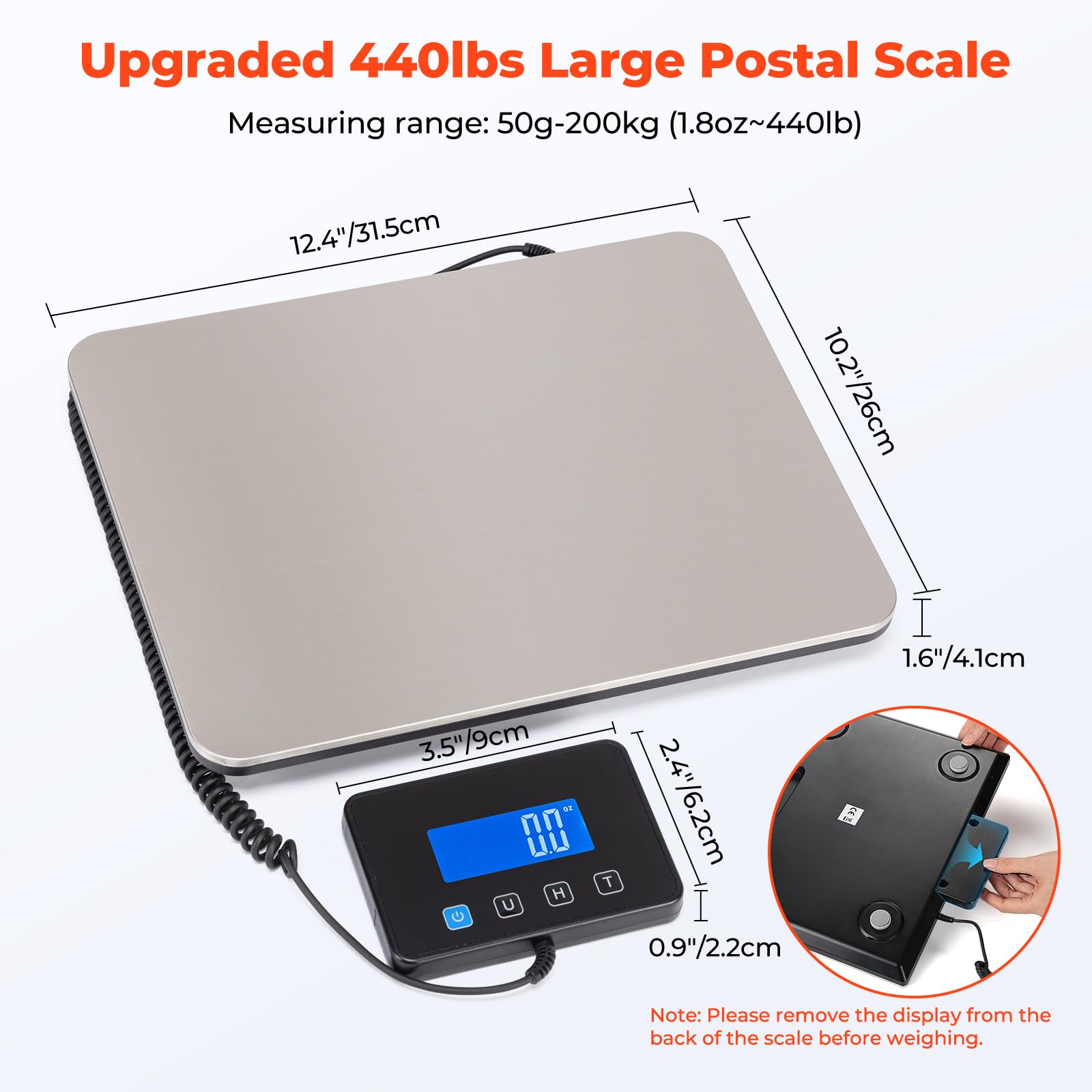 MUNBYN 440lbs Digital Postal Shipping Scale with Hold Function & USB-C Power – High Precision Package Weight Scale Silver