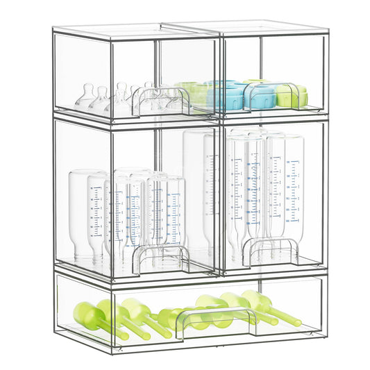 Stackable Bottle Storage Organizer (5-Pack) – Clear Acrylic Drawer System for Baby Bottles, Vanity & Countertop