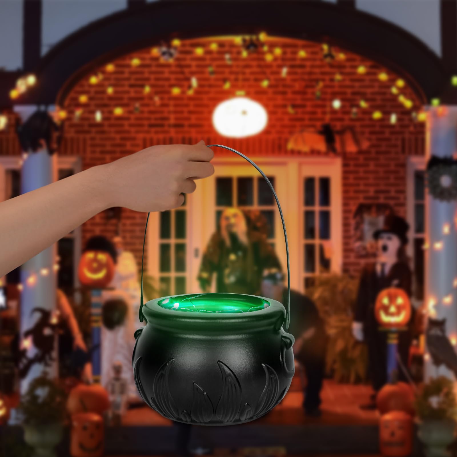 Witch Cauldron Candy Bowl with Light & Stand – 8” Black Halloween Pot Decoration