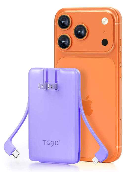 Ultra-Light Portable Power Bank with Built-In Cables & AC Wall Plug – Compact Fast Charging Battery Pack (Purple)