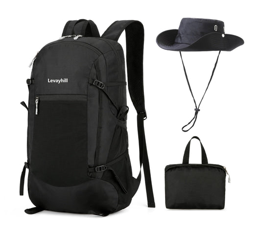 LEVAYHILL 30L Foldable Backpack & Bucket Hat 2-in-1 Lightweight Packable Travel Set – Black