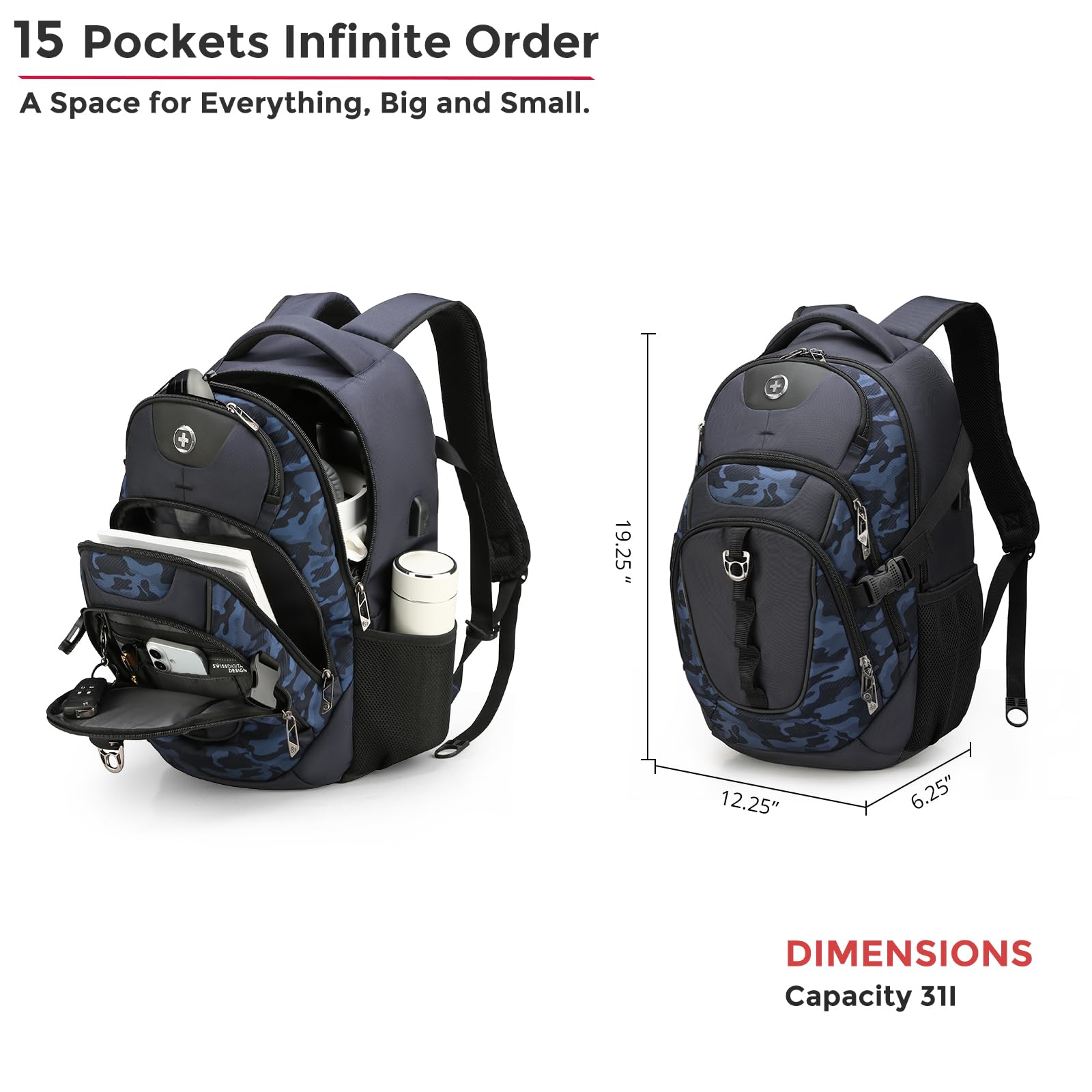 Swissdigital Design Laptop Backpack with USB-C Charging & RFID Protection – 31L Travel & College Backpack (Blue Camo)