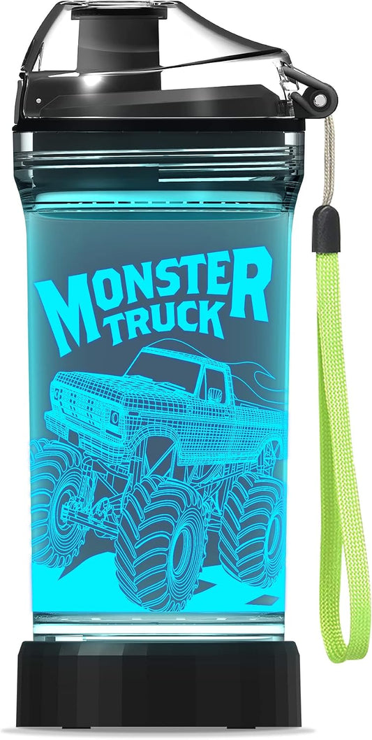 14 oz Kids Monster Truck Light-Up Water Bottle with Leakproof Lid and Carry Strap